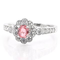 0.59 Carat, Natural Padparadscha Sapphire and Diamond Ring Set in Platinum
