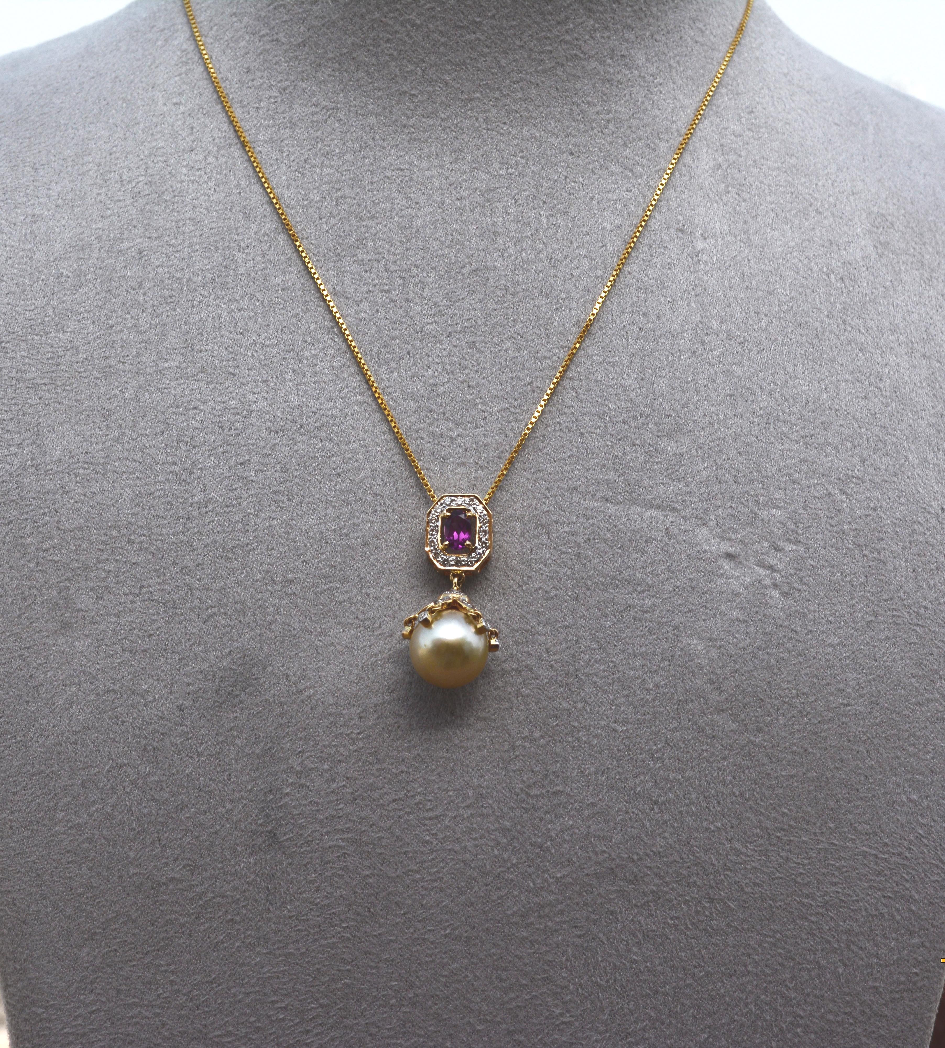 Oval Cut 0.59 Carat Purple Garnet South Sea Pearl Drop Diamond 18kt Gold Pendant Necklace For Sale