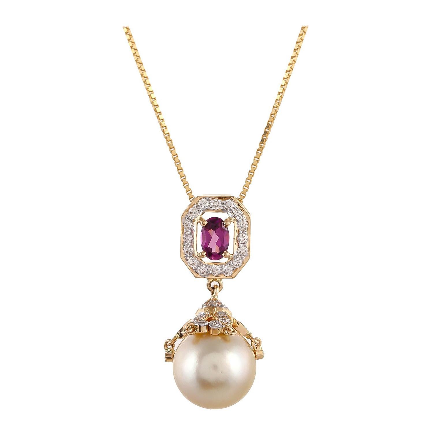 0.59 Carat Purple Garnet South Sea Pearl Drop Diamond 18kt Gold Pendant Necklace