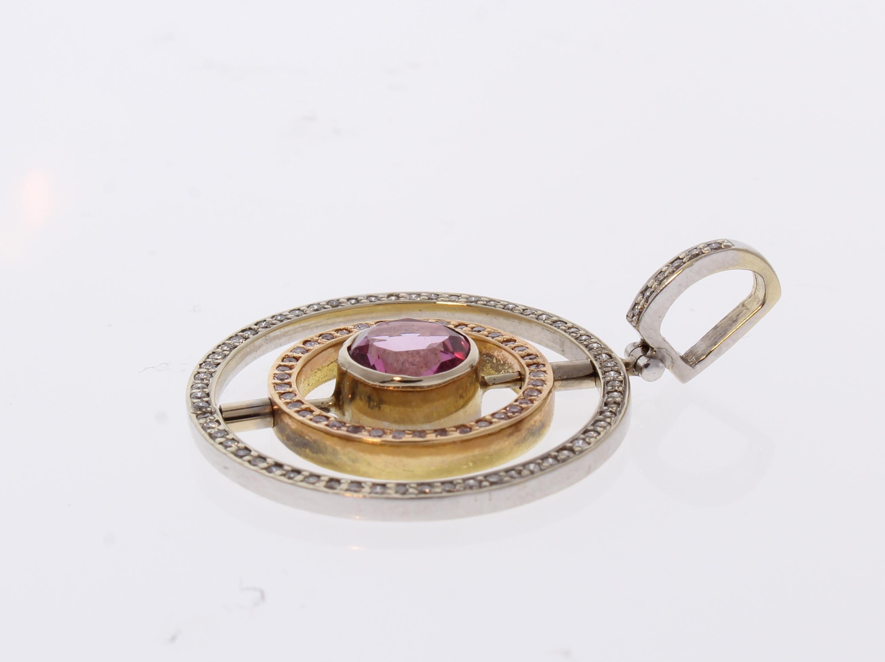 Contemporary 0.59 Carat Total Tourmaline and Diamond Two-Tone Pendant in 18 Karat Gold For Sale