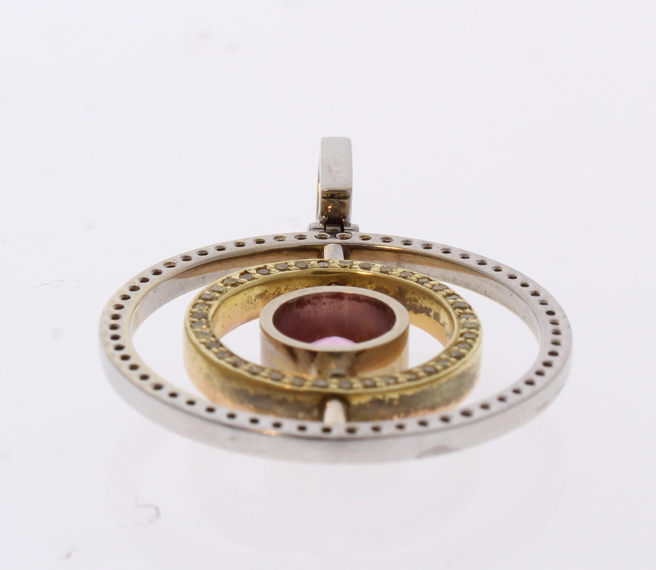 Round Cut 0.59 Carat Total Tourmaline and Diamond Two-Tone Pendant in 18 Karat Gold For Sale