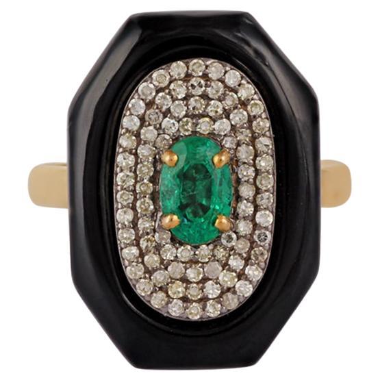 0,59 Karat klarer sambischer Smaragd, schwarzer Onyx und Diamant  Cluster-Ring aus 18 Karat Gold