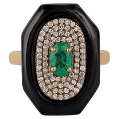 Vintage 0.59 cts Clear Zambian Emerald, Black onyx & Diamond  Cluster Ring in 18k Gold
