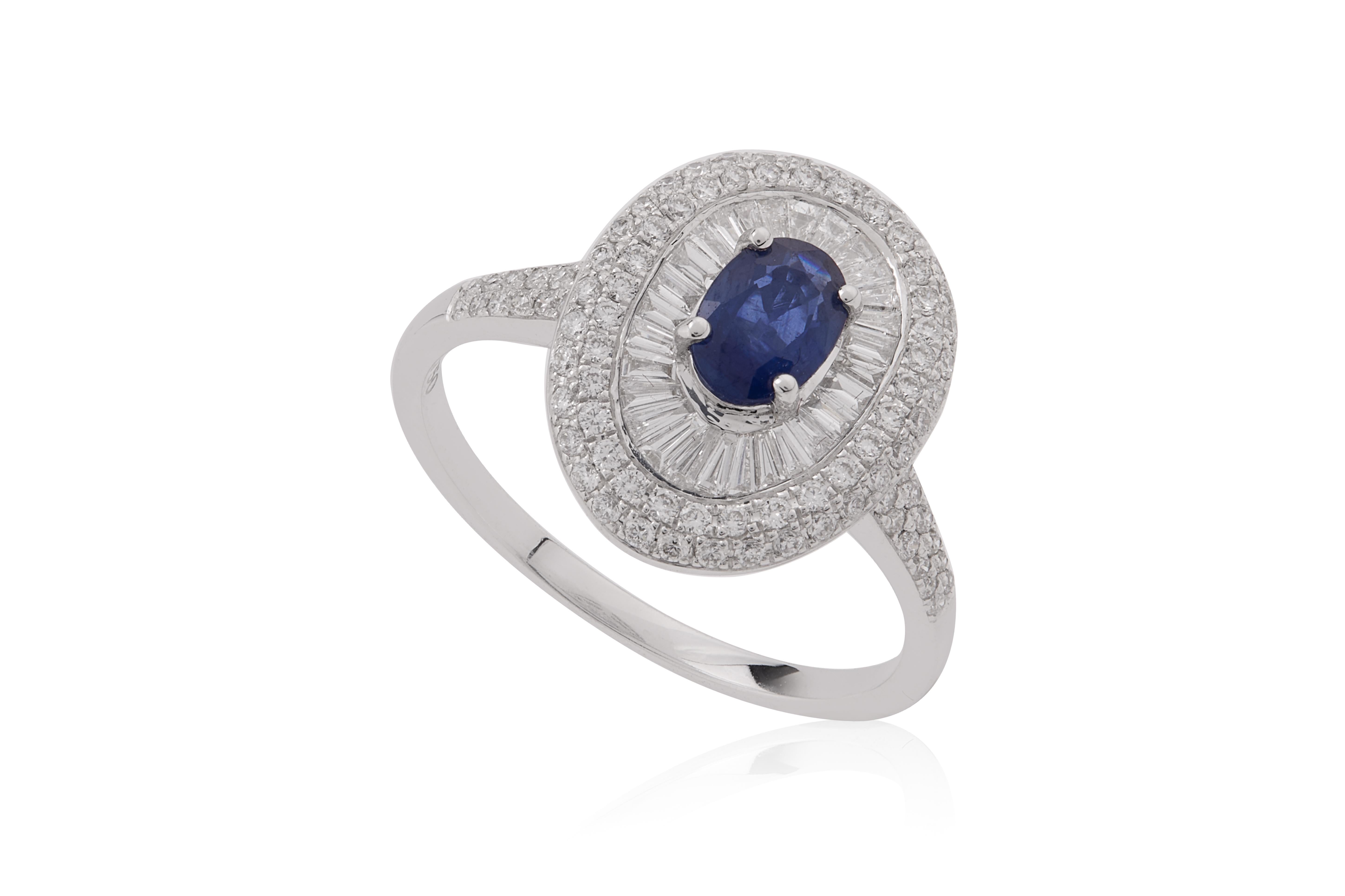 0.590 Carat Blue Sapphire with Baguette and Diamond Ring in 18 Karat Gold For Sale 1