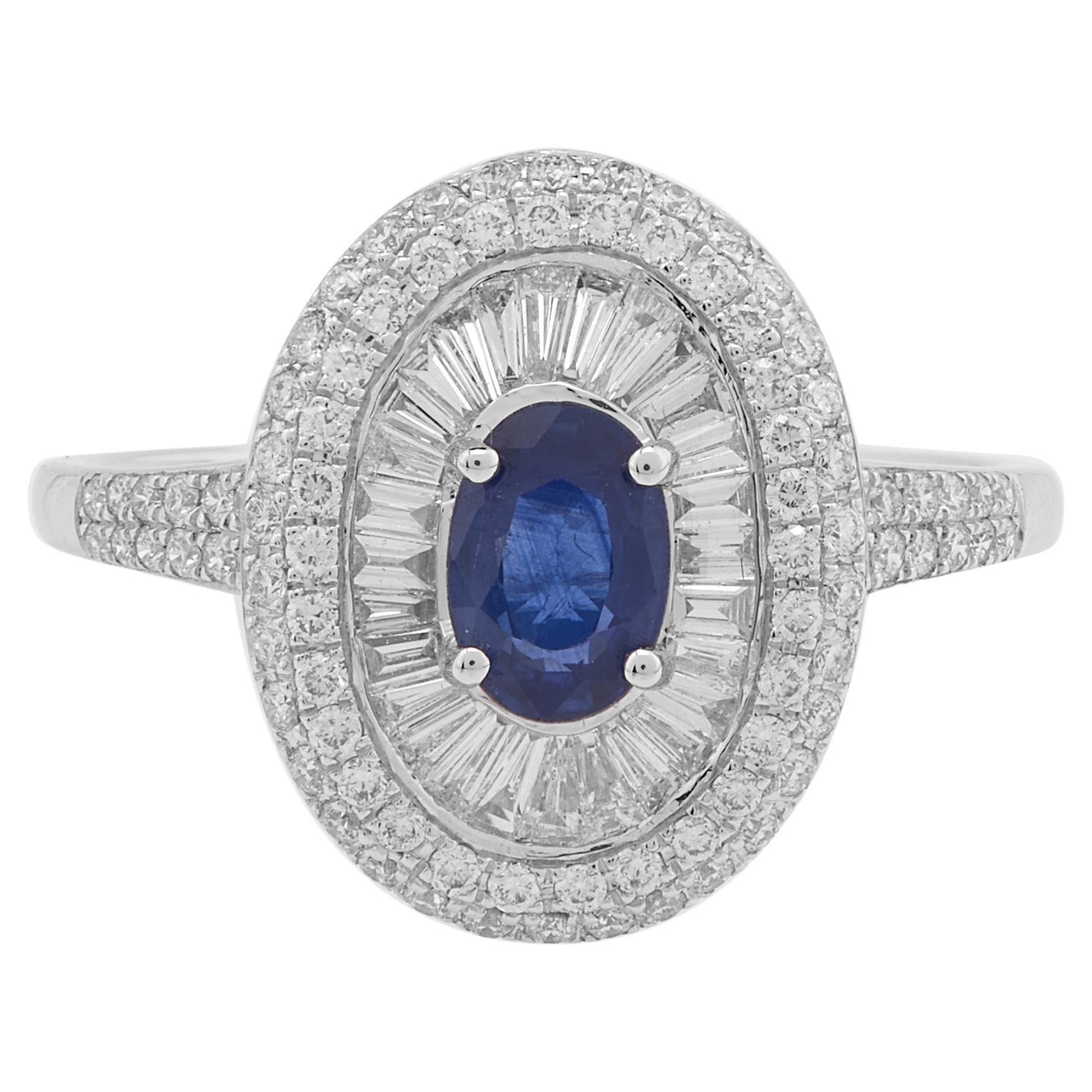 0.590 Carat Blue Sapphire with Baguette and Diamond Ring in 18 Karat Gold For Sale