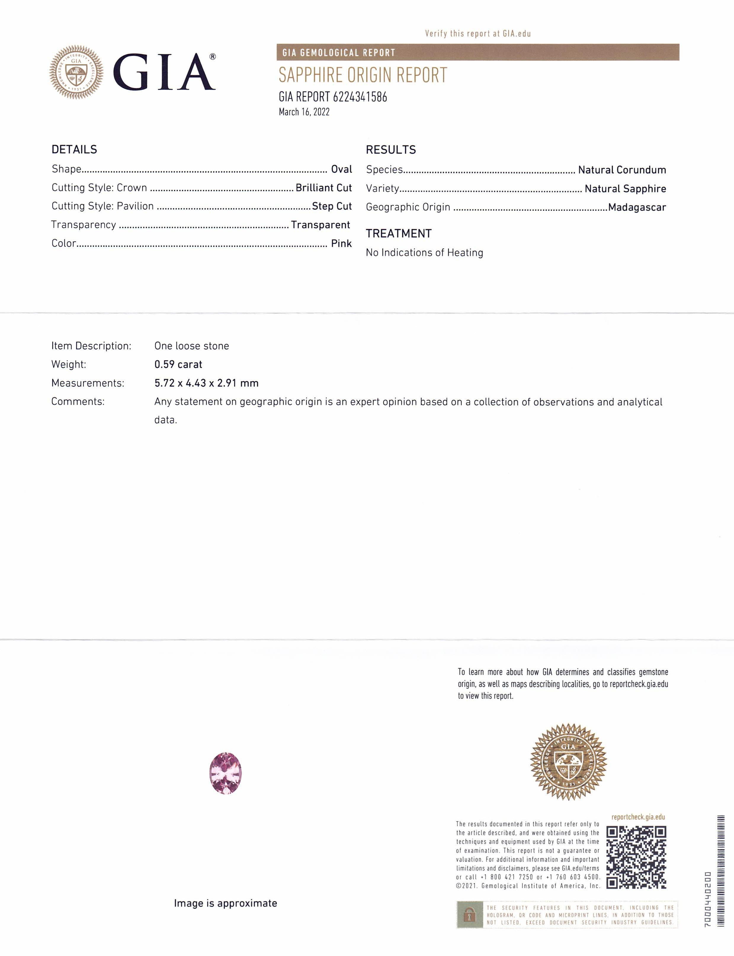 Saphir rose ovale de 0,59 carat certifié GIA de Madagascar Neuf - En vente à Toronto, Ontario