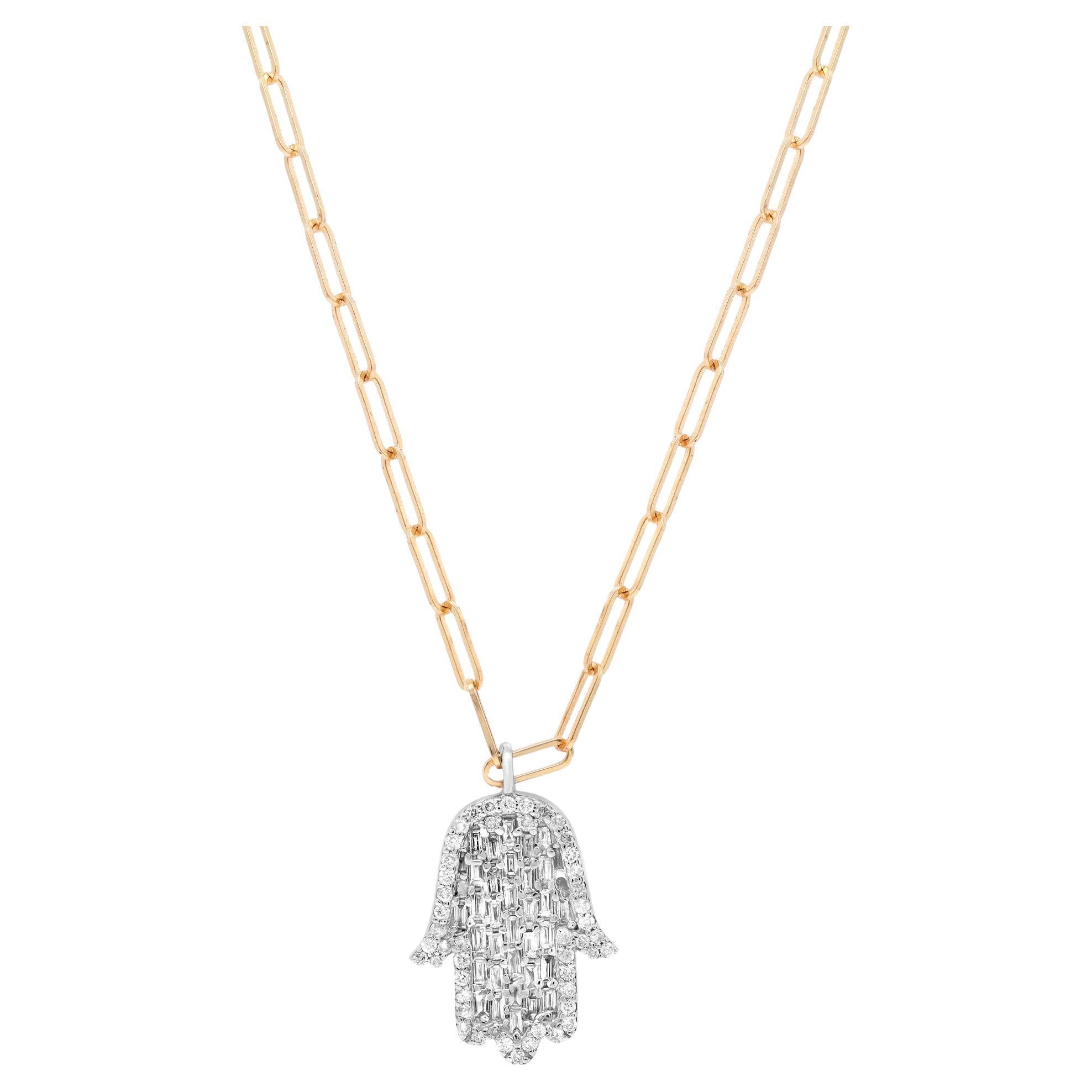 0.59Cttw Baguette & Round Cut Diamond Hamsa Pendant Necklace 14K Gold For Sale