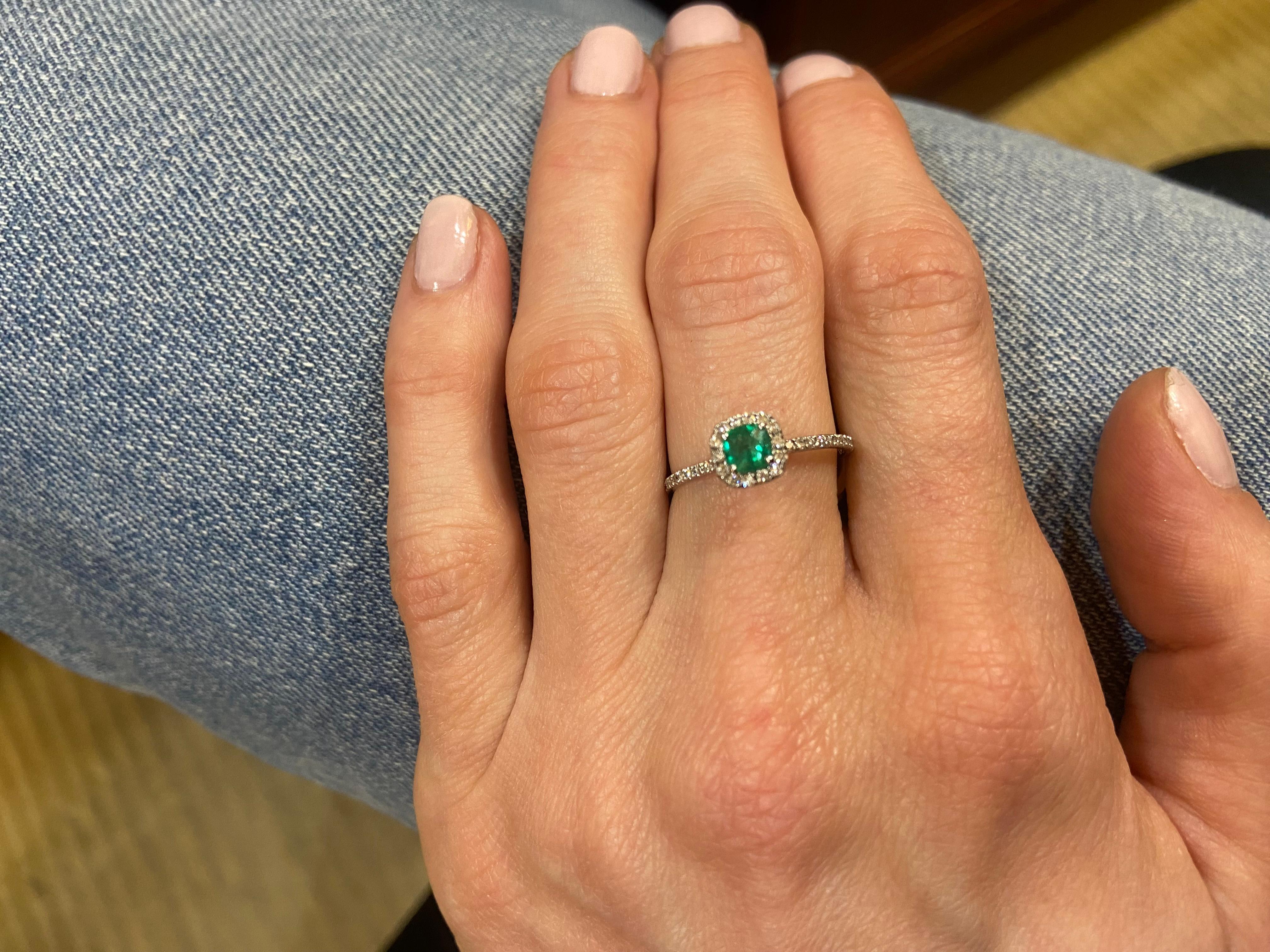 Women's or Men's 0.59ctw Cushion Cut Emerald & Round Diamond Petite Ring in 14KT White Gold For Sale
