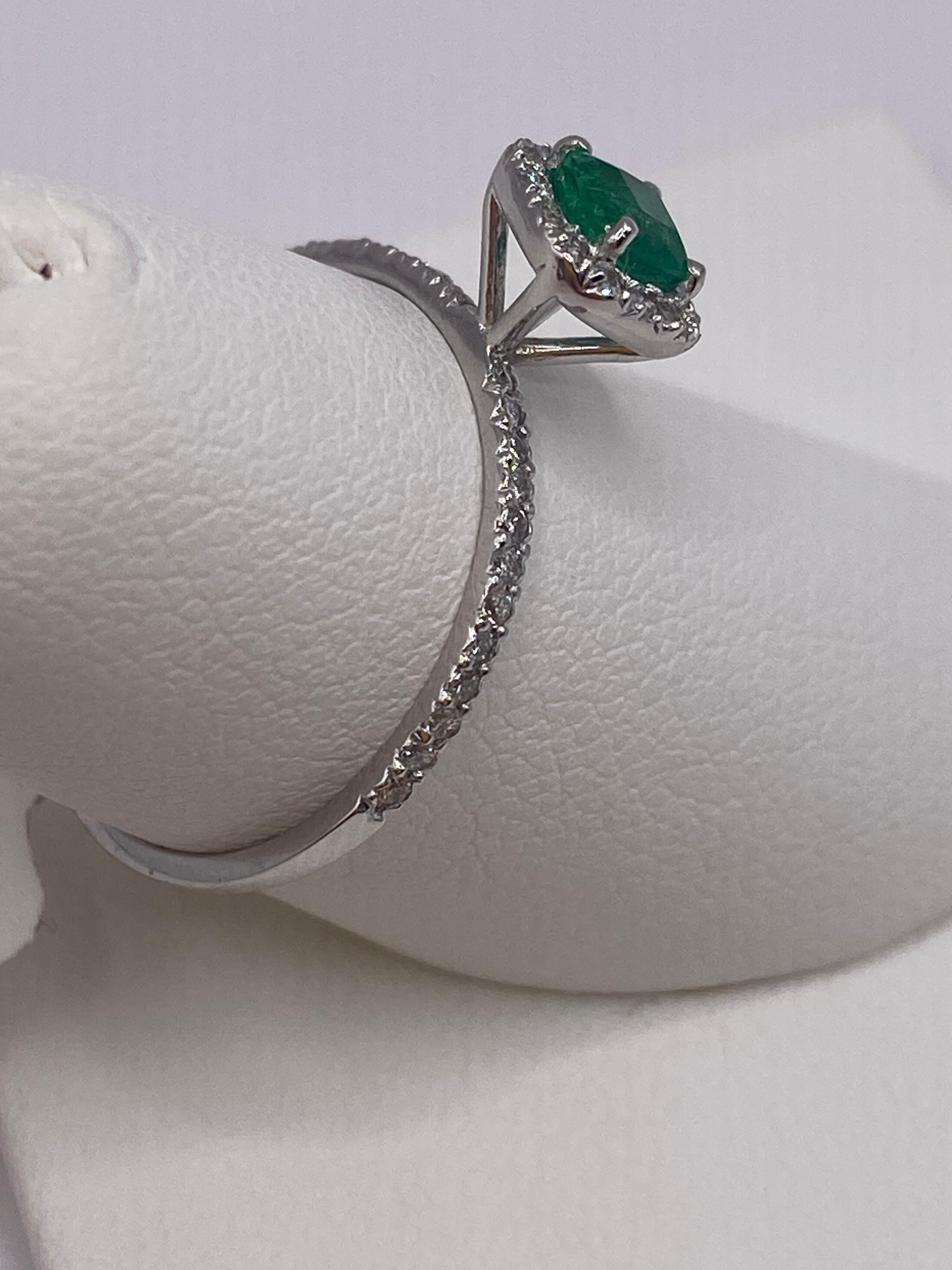 0.59ctw Cushion Cut Emerald & Round Diamond Petite Ring in 14KT White Gold For Sale 2