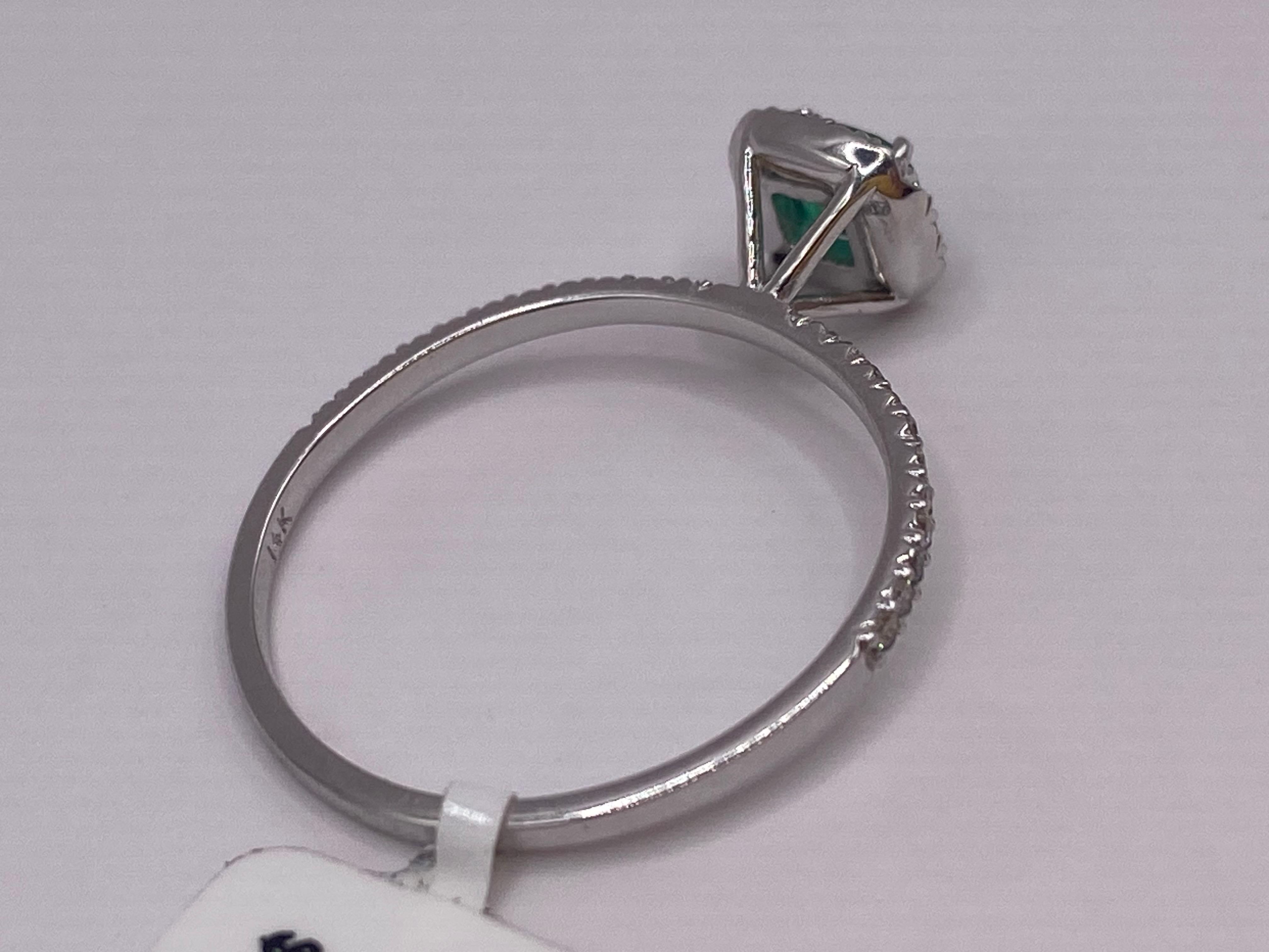 0.59ctw Cushion Cut Emerald & Round Diamond Petite Ring in 14KT White Gold For Sale 3