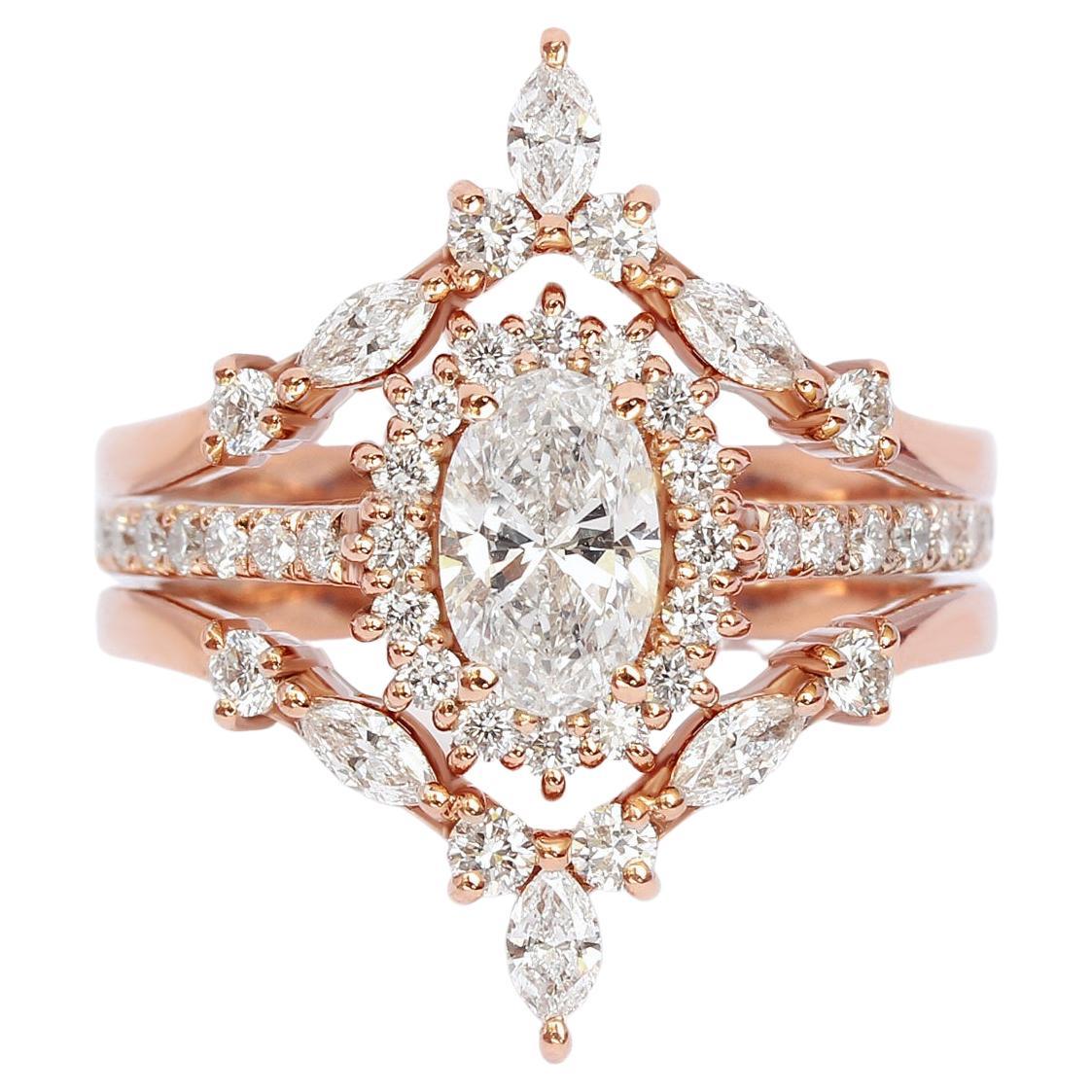 Verlobungsring mit 0.5 Karat ovalem Diamant-Halo und zwei verschachtelten Bändern –  „Nia“ und „Iceland“