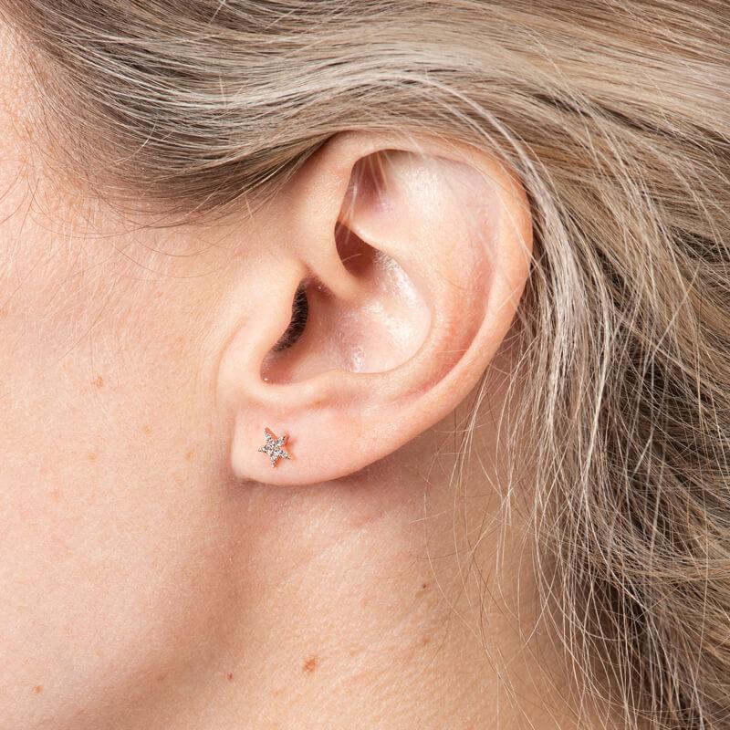 A dainty and petite diamond stud earring set in 14 karat rose gold. Friction post with butterfly back. .05ctw round diamonds.