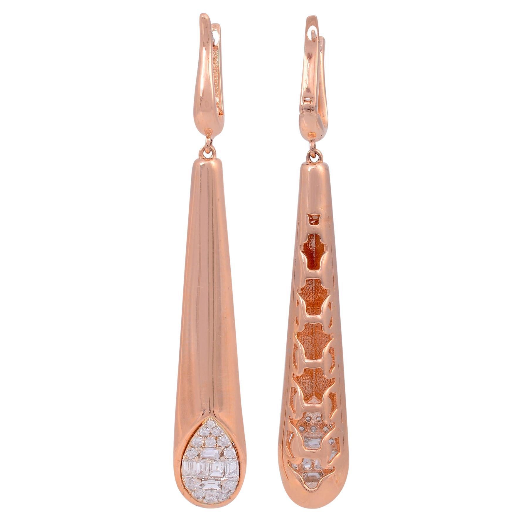 0.6 Carat Baguette Round Diamond Dangle Earrings 18 Karat Rose Gold Fine Jewelry For Sale