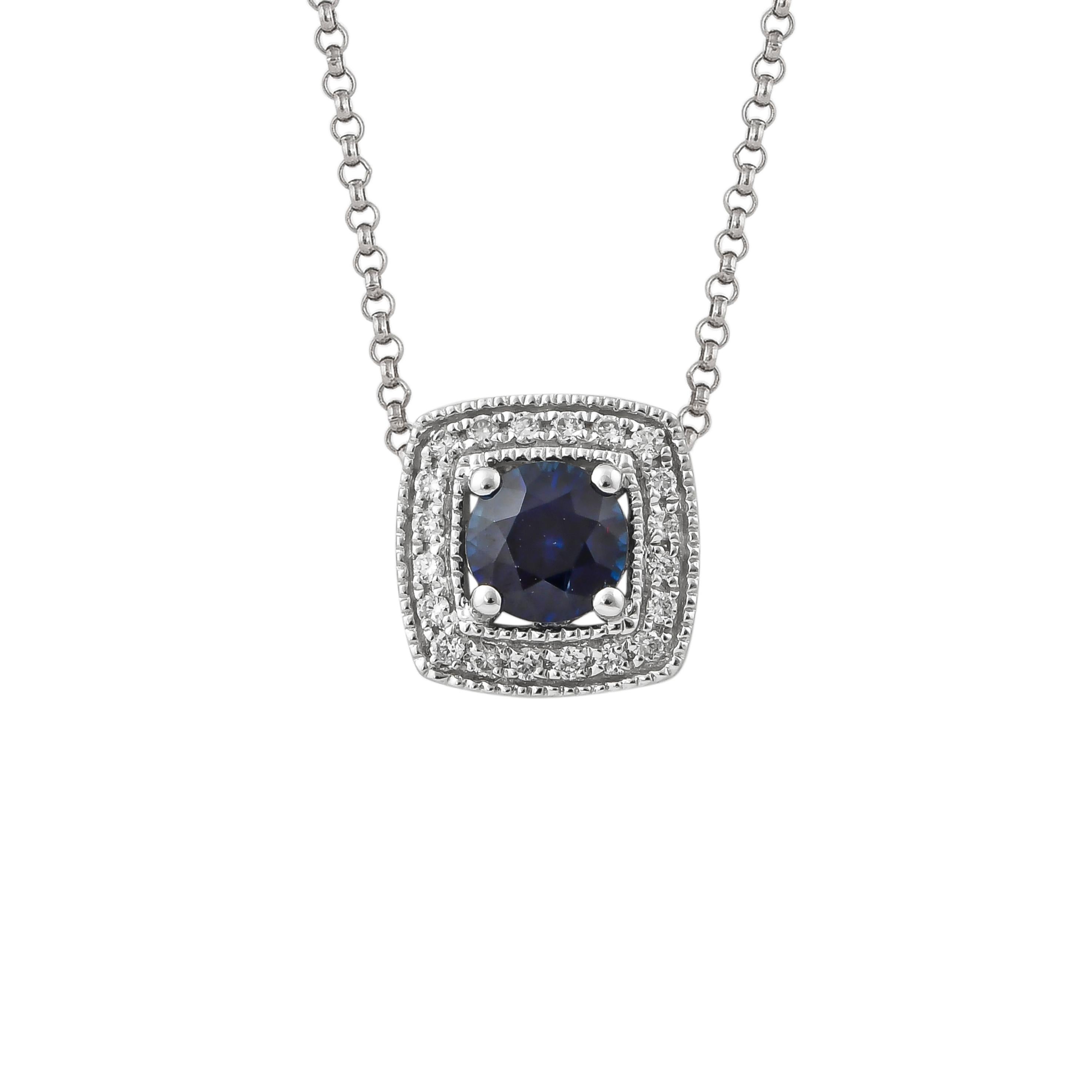 Contemporary Sunita Nahata Blue Sapphire 0.60ct. Pendant with Chain in 18KWG with Diamond. For Sale