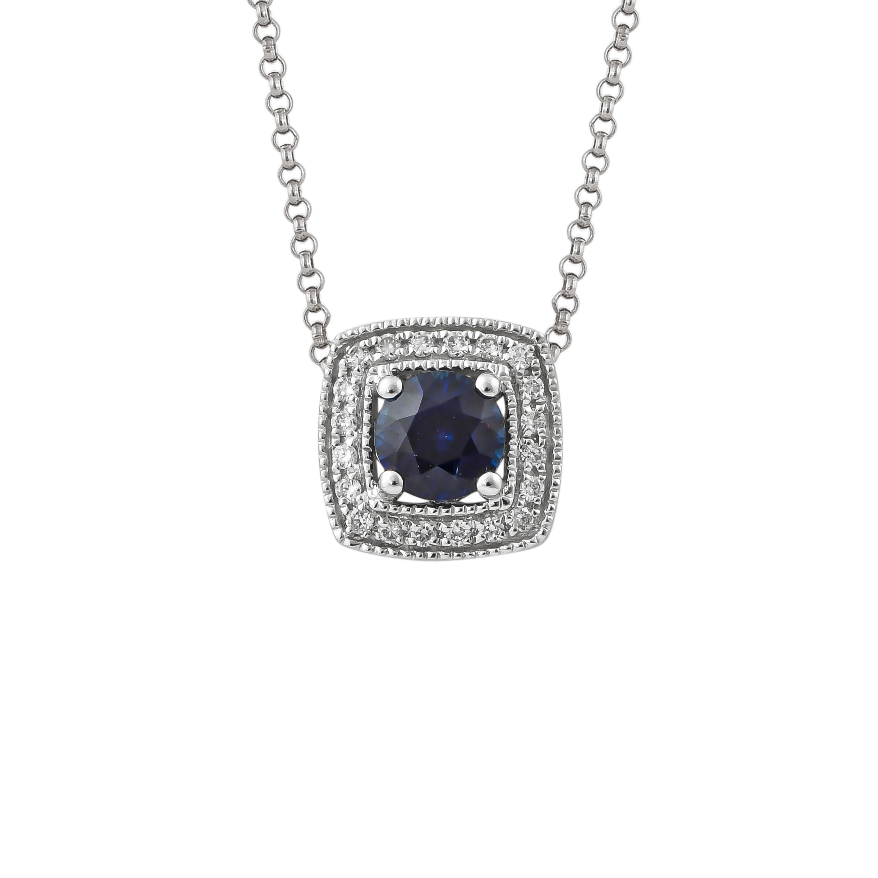 Round Cut 0.6 Carat Blue Sapphire and Diamond Pendant with Chain in 18 Karat White Gold For Sale