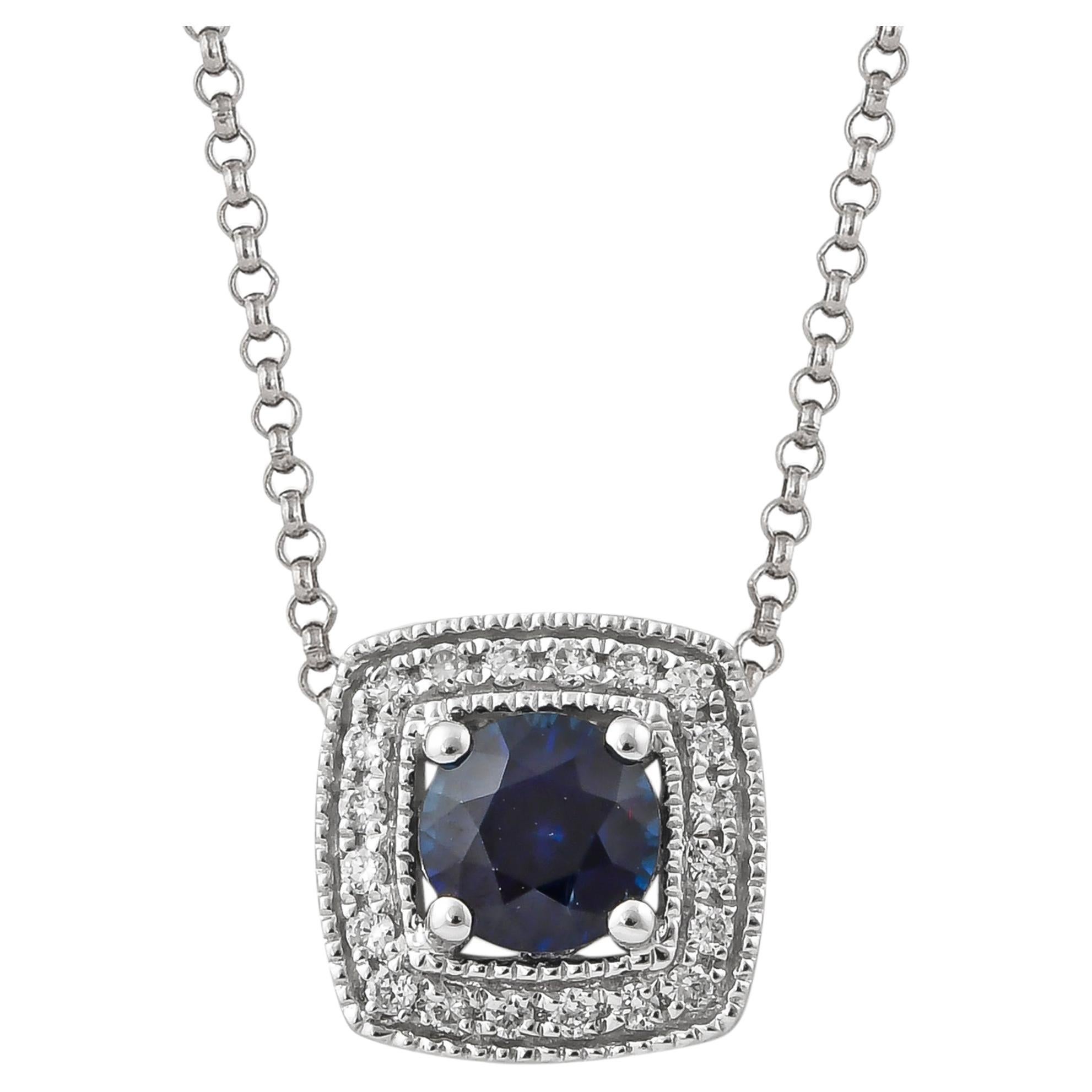 0.6 Carat Blue Sapphire and Diamond Pendant with Chain in 18 Karat White Gold For Sale