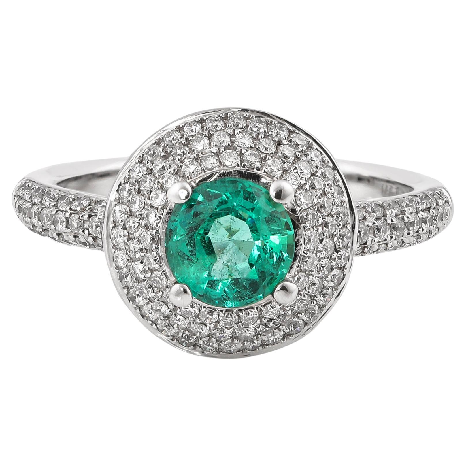 0.6 Carat Emerald and White Diamond Ring in 14 Karat White Gold For Sale