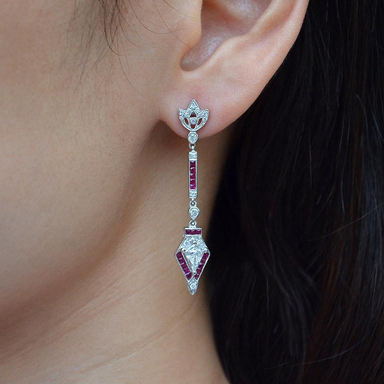 0.6 Carat Kite Diamond Ruby Diamond 18 Karat White Gold Earrings 2