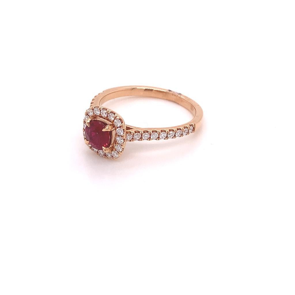 Round Cut 0.6 Carat Round Brilliant Ruby and Diamond Ring in 18K Rose Gold For Sale