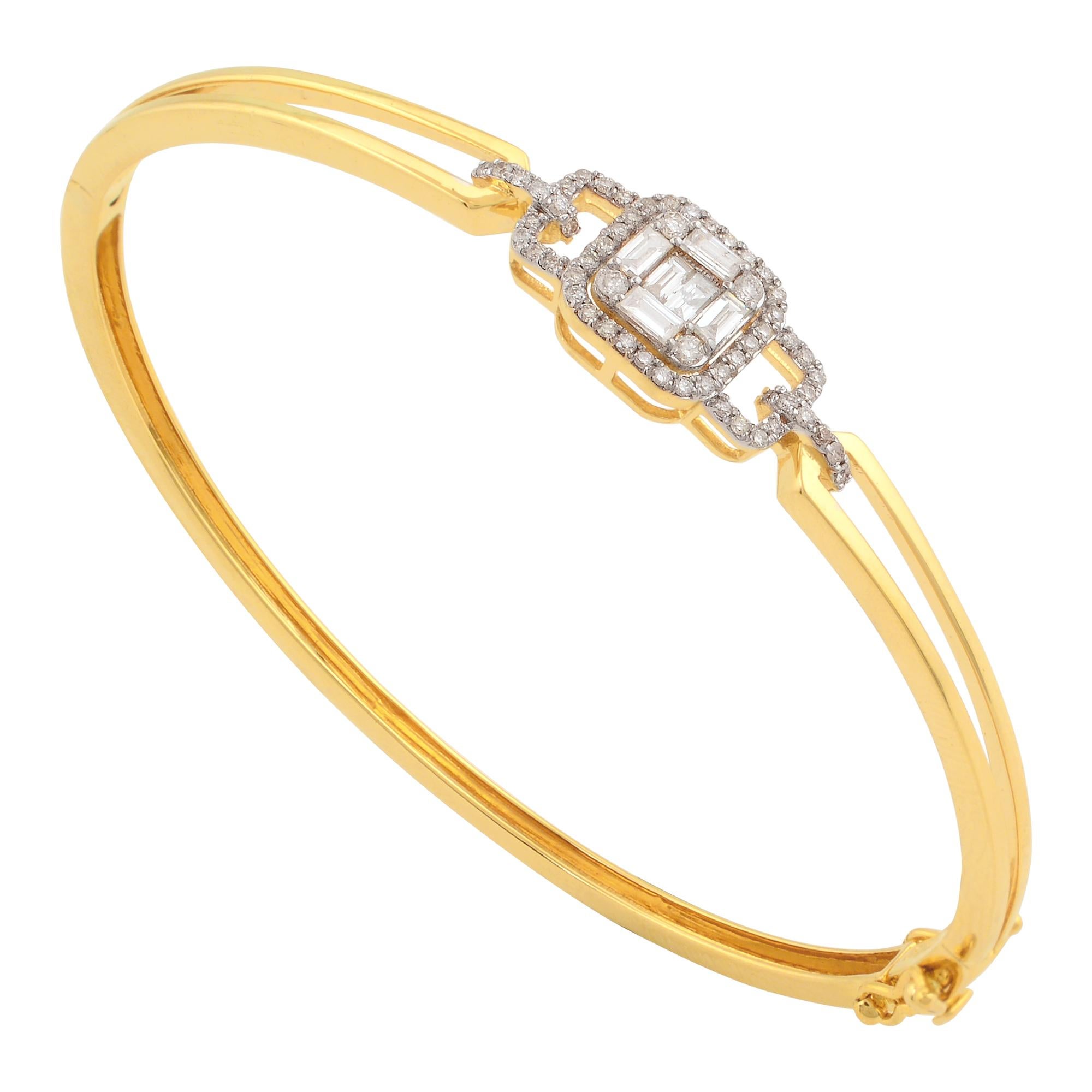 Baguette Cut 0.6 Ct SI Clarity HI Color Baguette Diamond Bangle Bracelet 18 Karat Yellow Gold For Sale