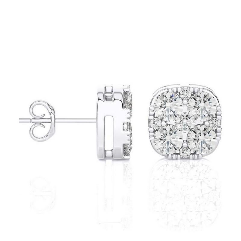 Taglio rotondo Orecchini con perno a cuscino Moonlight con diamanti rotondi da 0,6 CTW in oro bianco 18 carati in vendita