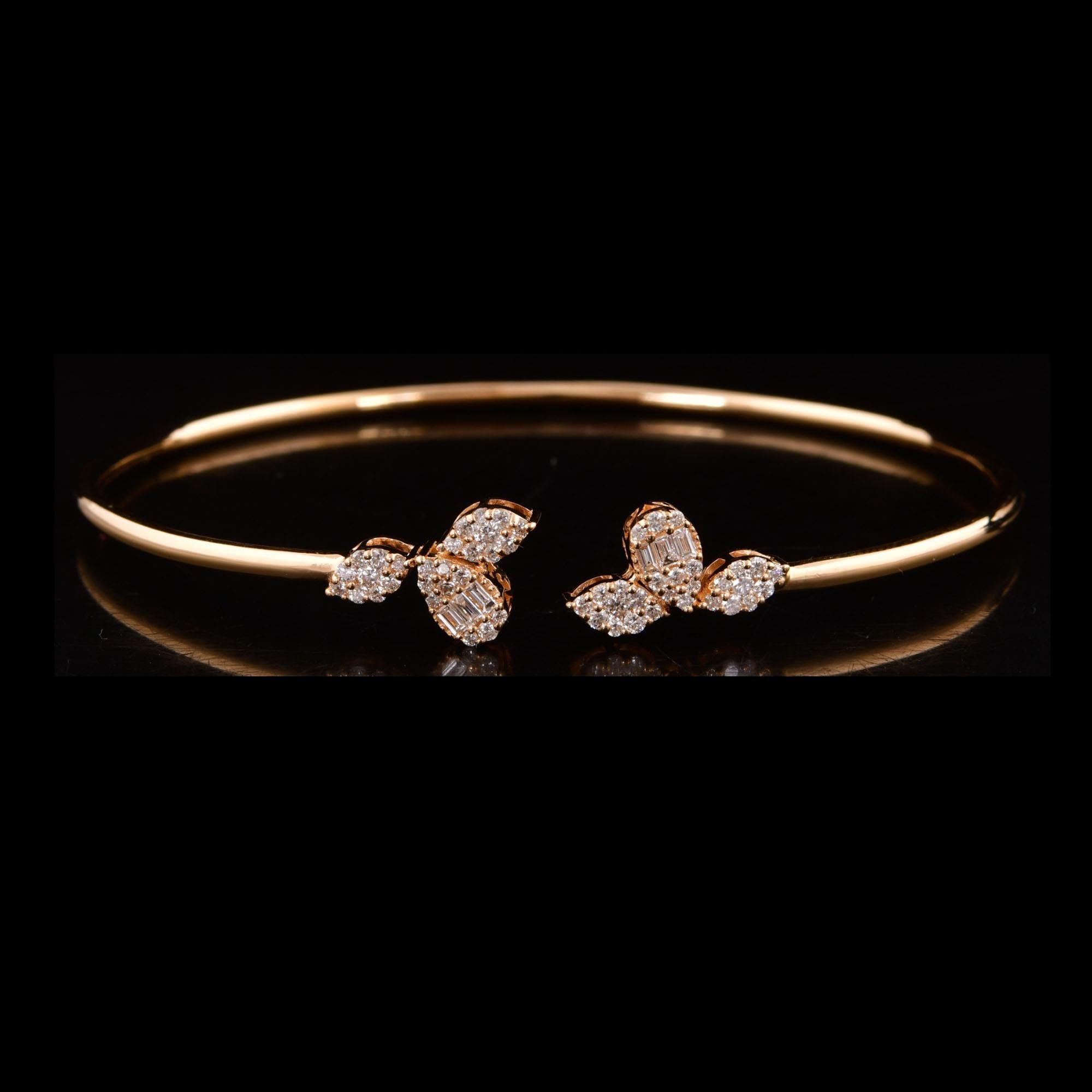 Women's 0.60 Carat Baguette Diamond Cuff Bangle Bracelet 14 Karat Yellow Gold Jewelry For Sale