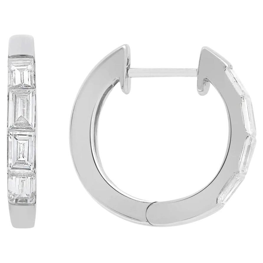 0.60 Carat Baguette Diamond Huggie Earrings 18K White Gold For Sale