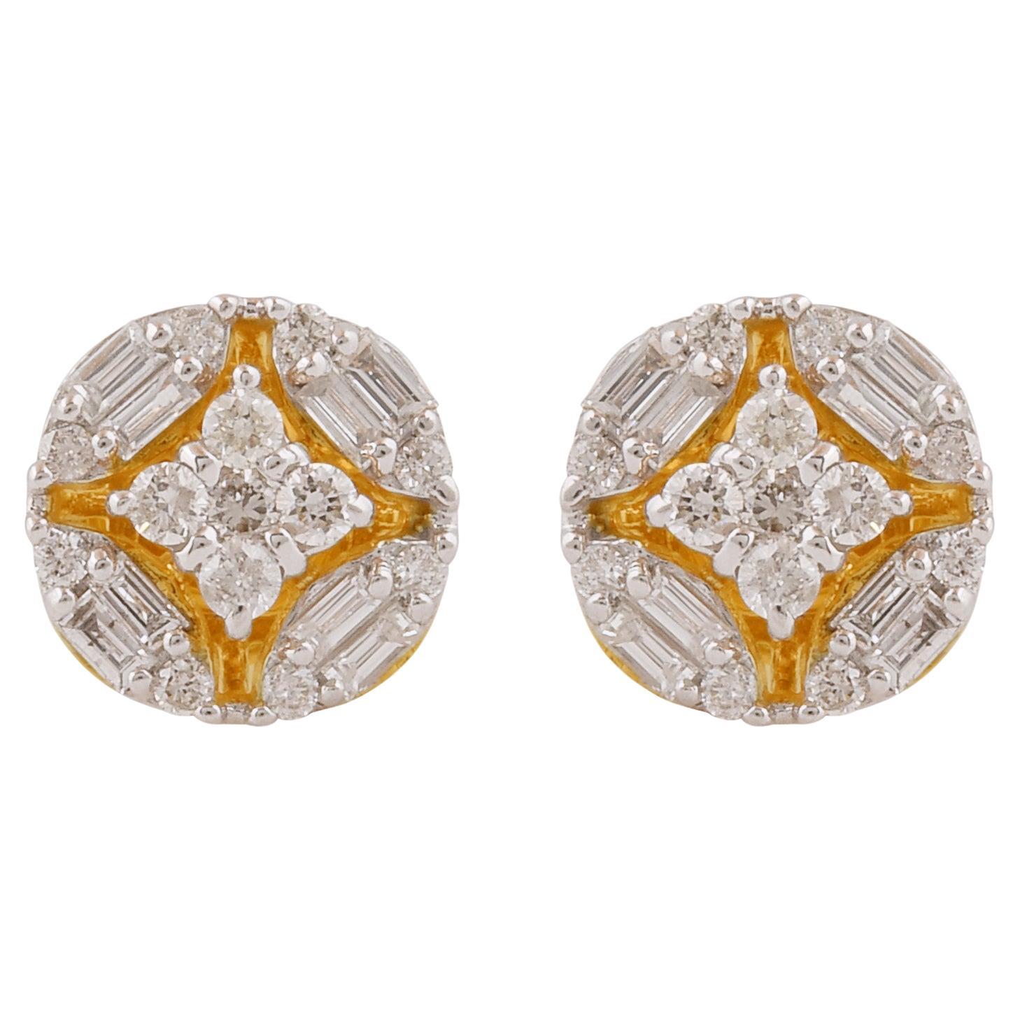 0.60 Carat Baguette & Round Diamond Stud Earrings 18 Karat Yellow Gold Jewelry For Sale
