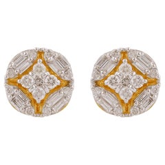 Clous d'oreilles en or jaune 18 carats avec diamants baguettes et ronds de 0,60 carat