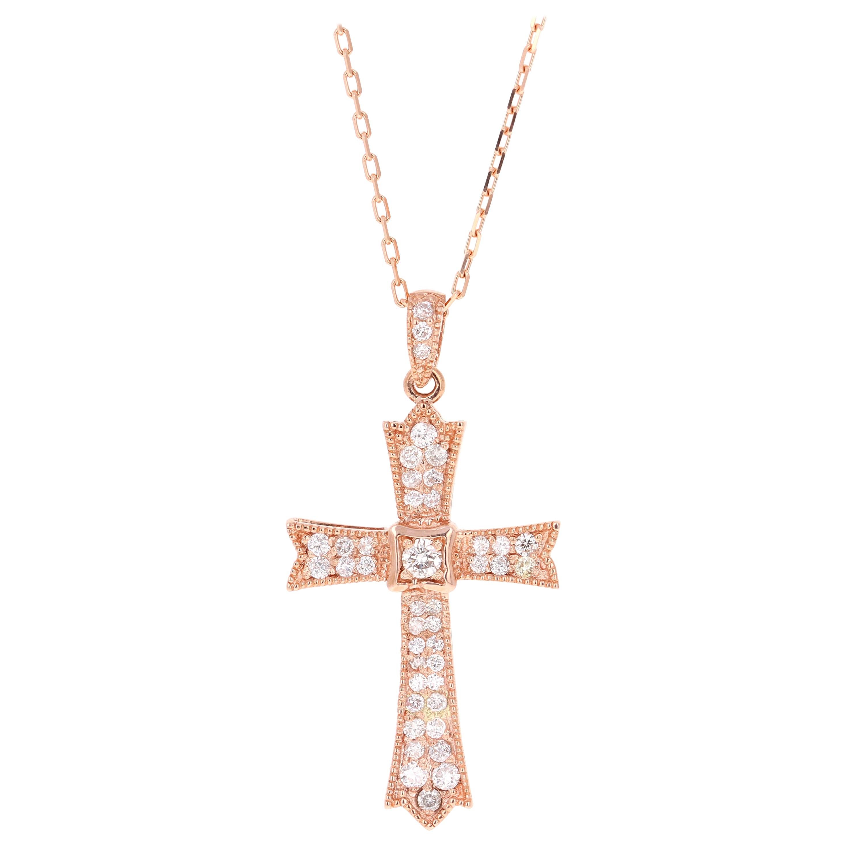 0.60 Carat Diamond Cross Pendant 14 Karat Rose Gold Chain Necklace
