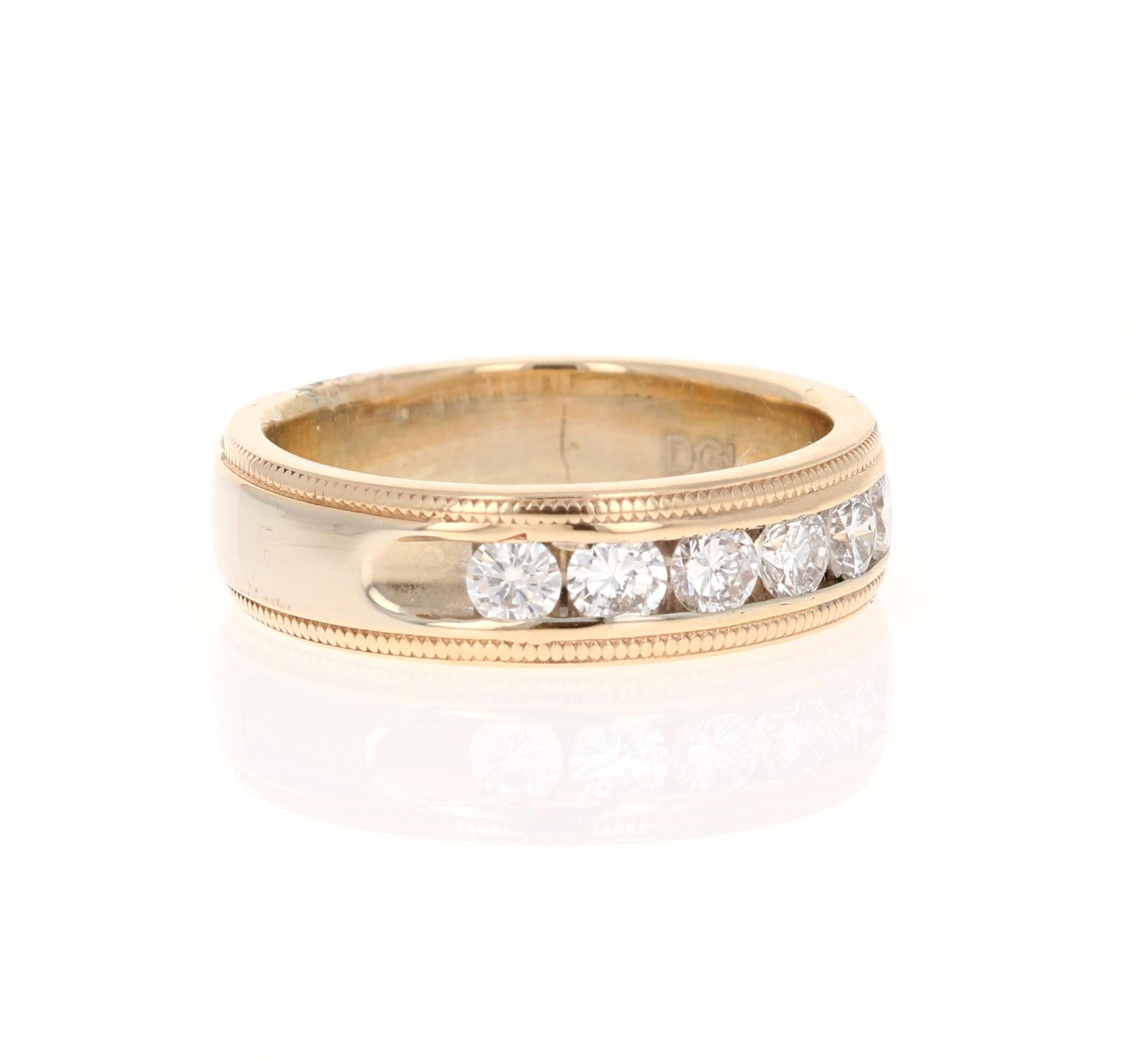 This ring has 7 Round Cut Diamonds that weigh 0.60 Carats (Clarity: SI1 Color: F) 
It has a gold gram weight of approximately 6.1 grams and is set in 14 Karat Yellow Gold.
Ring size is 7 and can be re-sized, free of charge.
