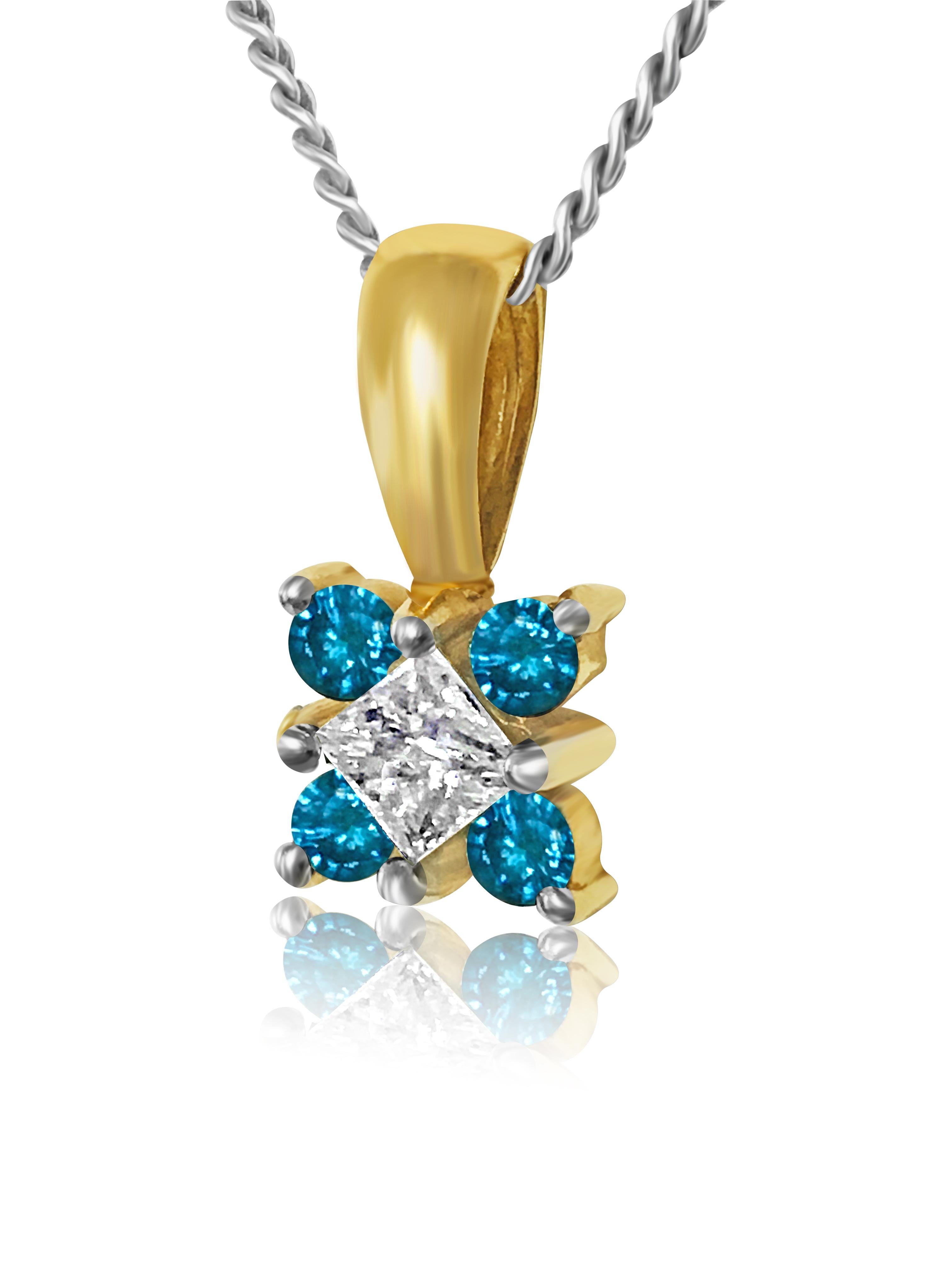 Enhance your elegance with this stunning pendant crafted from 14k yellow gold, adorned with a total of 0.60 carats of natural earth-mined diamonds, including 0.40 carats of round brilliant-cut white diamonds and 0.20 carats of blue diamonds, all