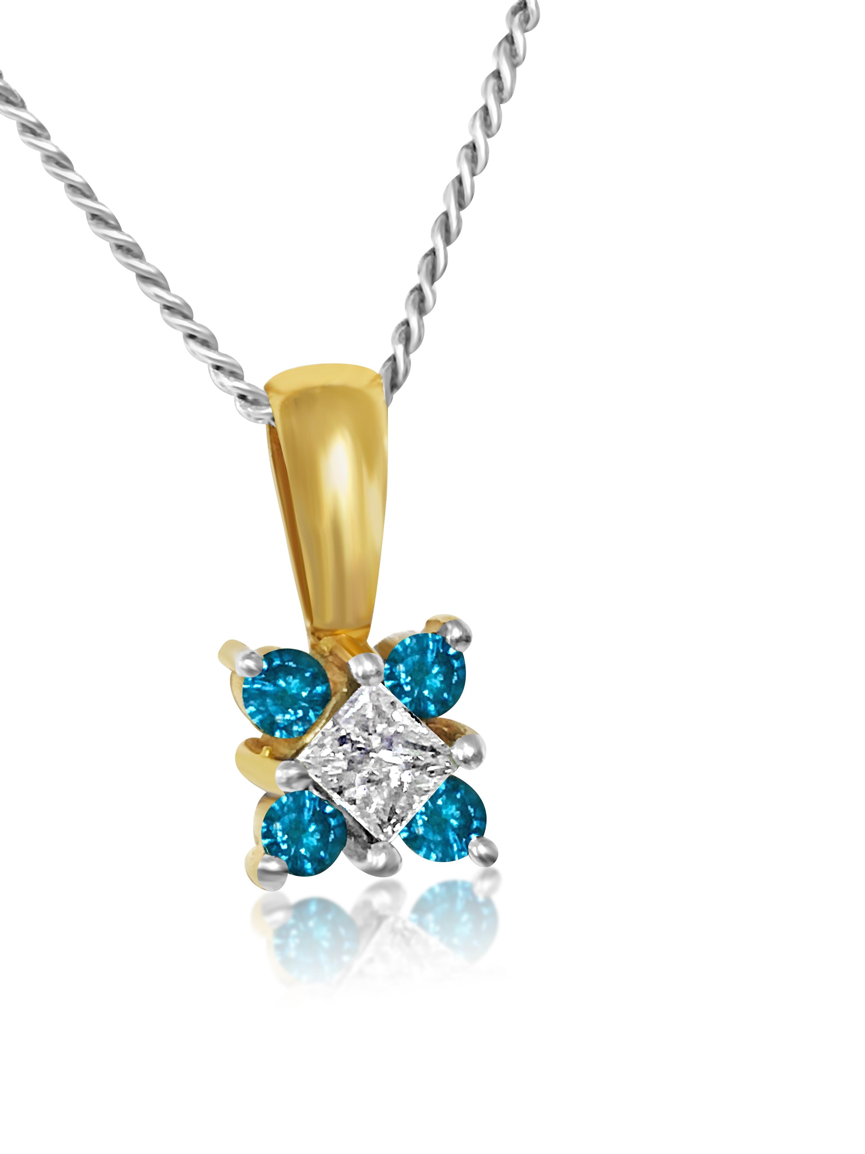 Brilliant Cut 0.60 carat diamond & Blue Diamond in 14k gold pendant. For Sale