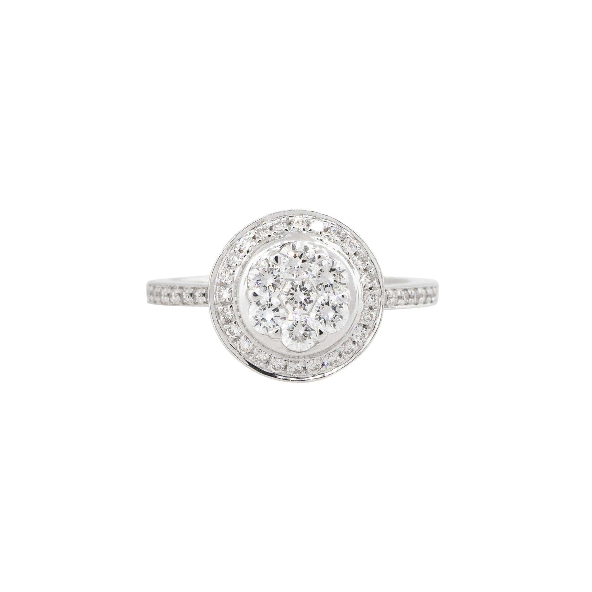 18k White Gold 0.60ctw Diamond Mosaic Cluster Halo Ring
Style: Women's Diamond Cluster Ring
Material: 18k White Gold
Main Diamond Details: Approximately 0.60ctw of Pave Set, Round Brilliant cut Diamonds
Ring Size: 7 (Can be sized)
Item Weight: 4.9g