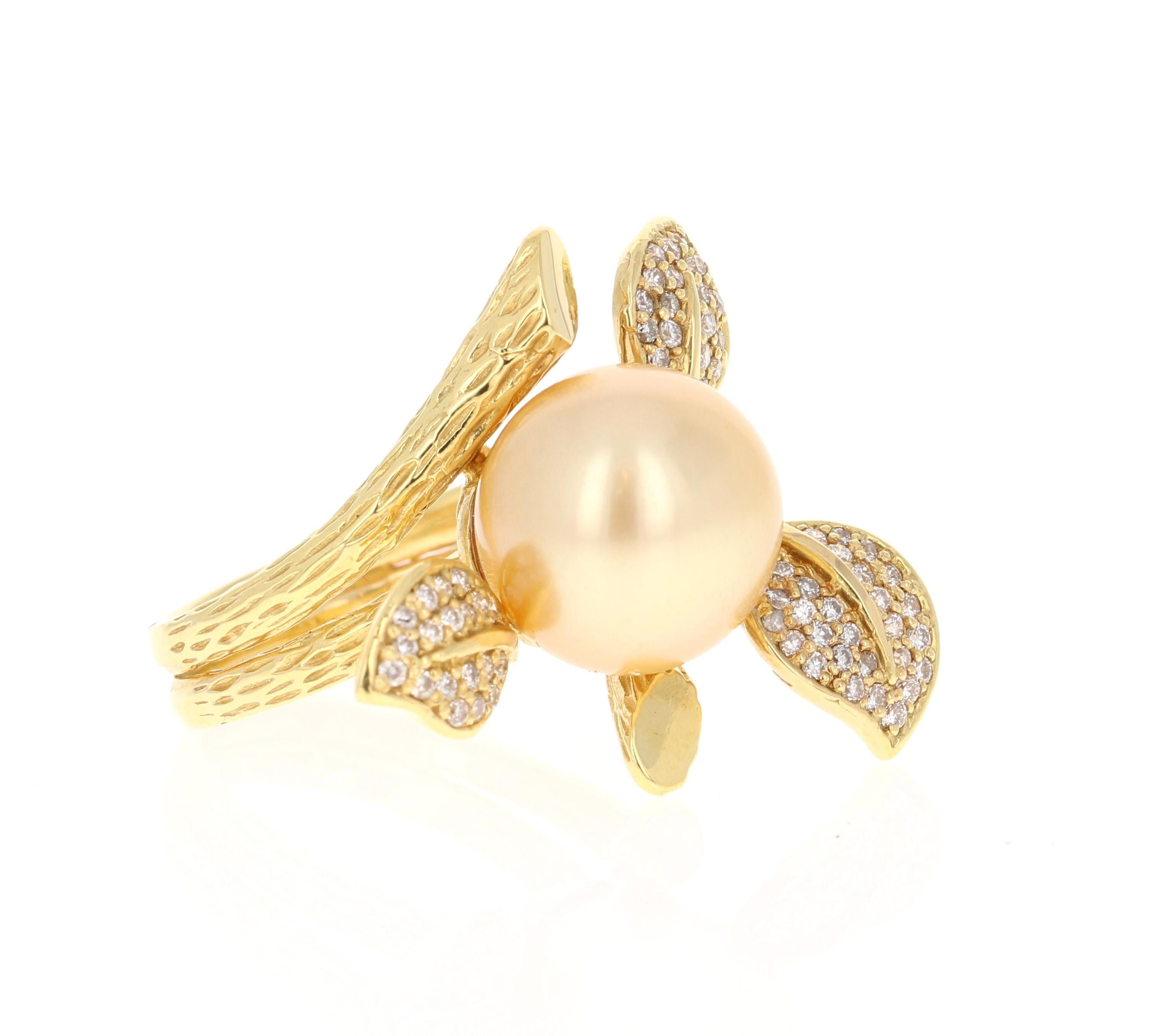 This beautiful flower petal flower rose ring is beautifull curated in 18 Karat Yellow Gold. 
There is a gorgeous 13 mm South Sea Golden Pearl and has 70 Round Cut Diamonds that weighs 0.60 Carats. (Clarity: VS, Color: F)

The gorgeous setting is