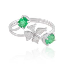 0.60 Carat Emerald 0.32 Carat Diamond Designer Ring 14 Karat White Gold Jewelry