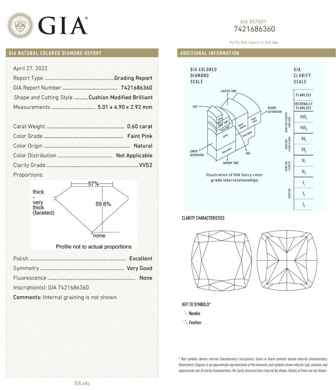 0.60 Carat Faint Pink VVS2 Clarity GIA Certified For Sale 3