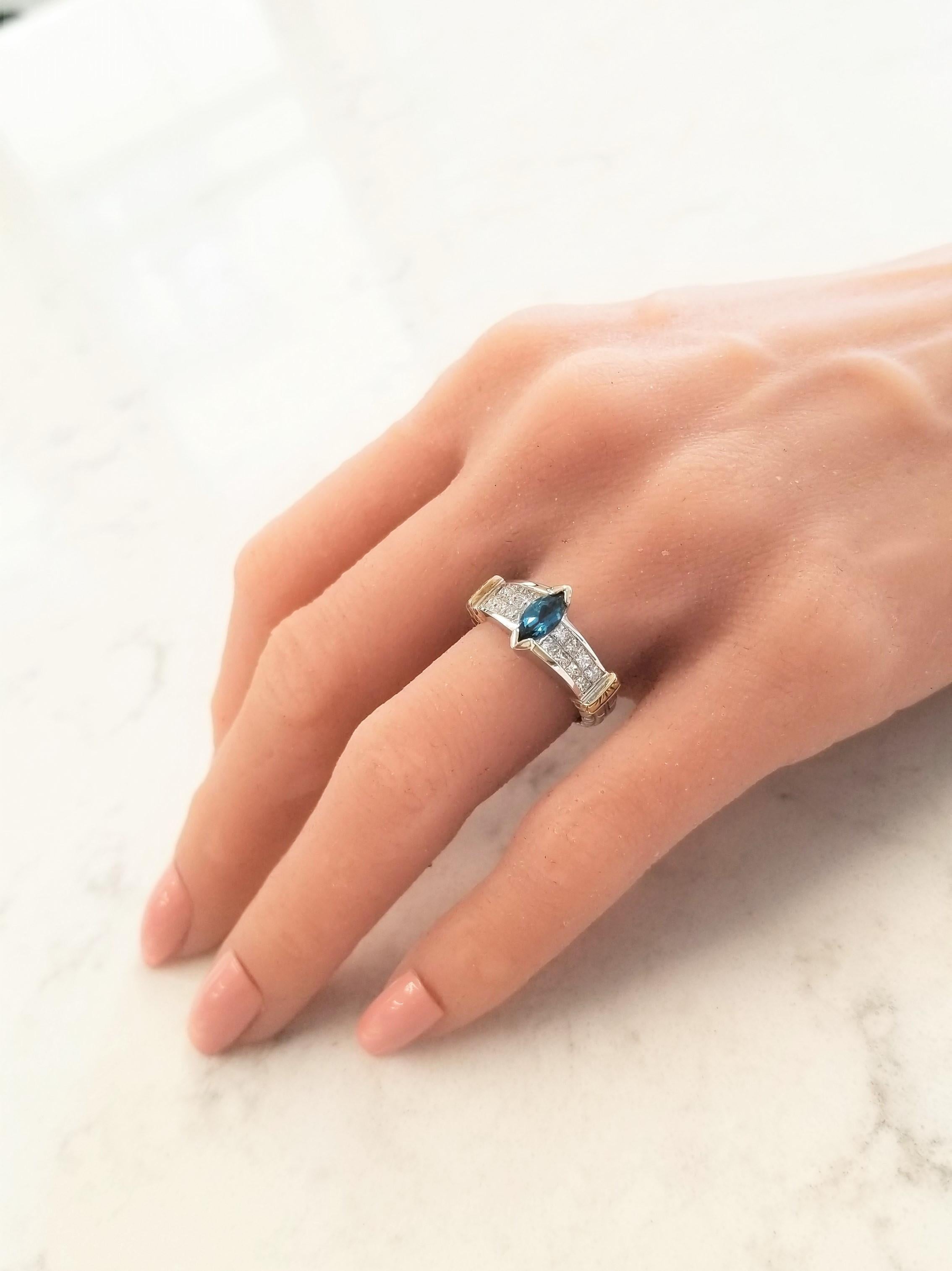 0.60 Carat London Blue Topaz and Invisible Set Princess Cut Diam Cocktail Ring In New Condition In Chicago, IL