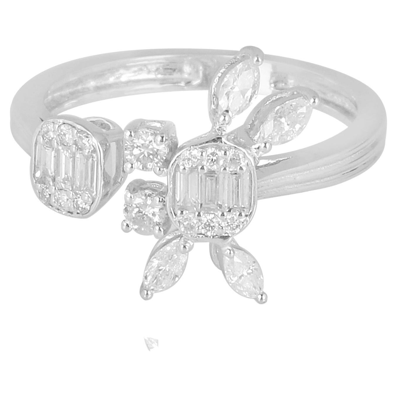 For Sale:  0.60 Carat Marquise Baguette Round Diamond Cuff Ring 18 Karat White Gold Jewelry