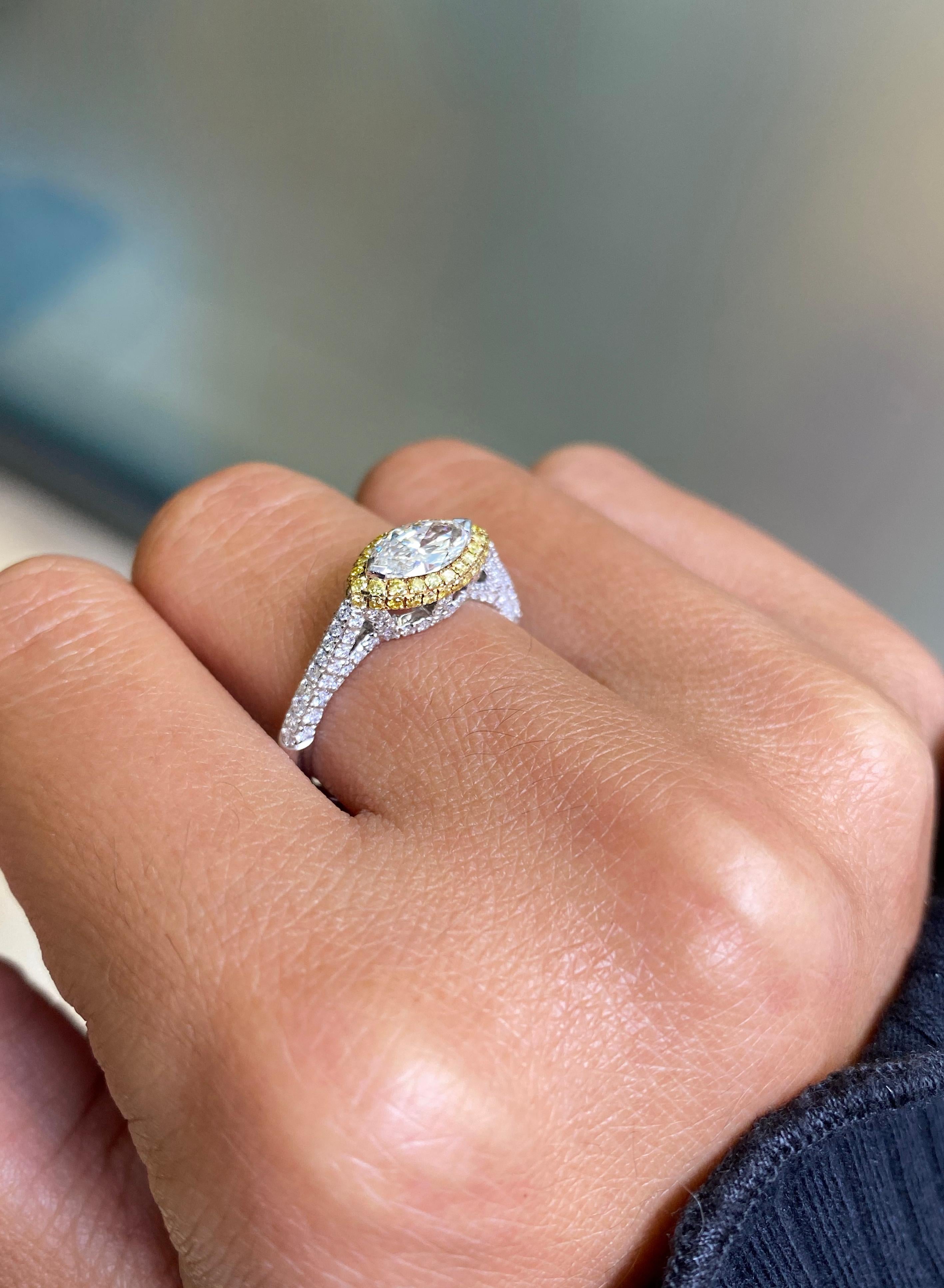 Modern 0.60 Carat Marquise Diamond Platinum & Rose Gold Halo Engagement Ring For Sale
