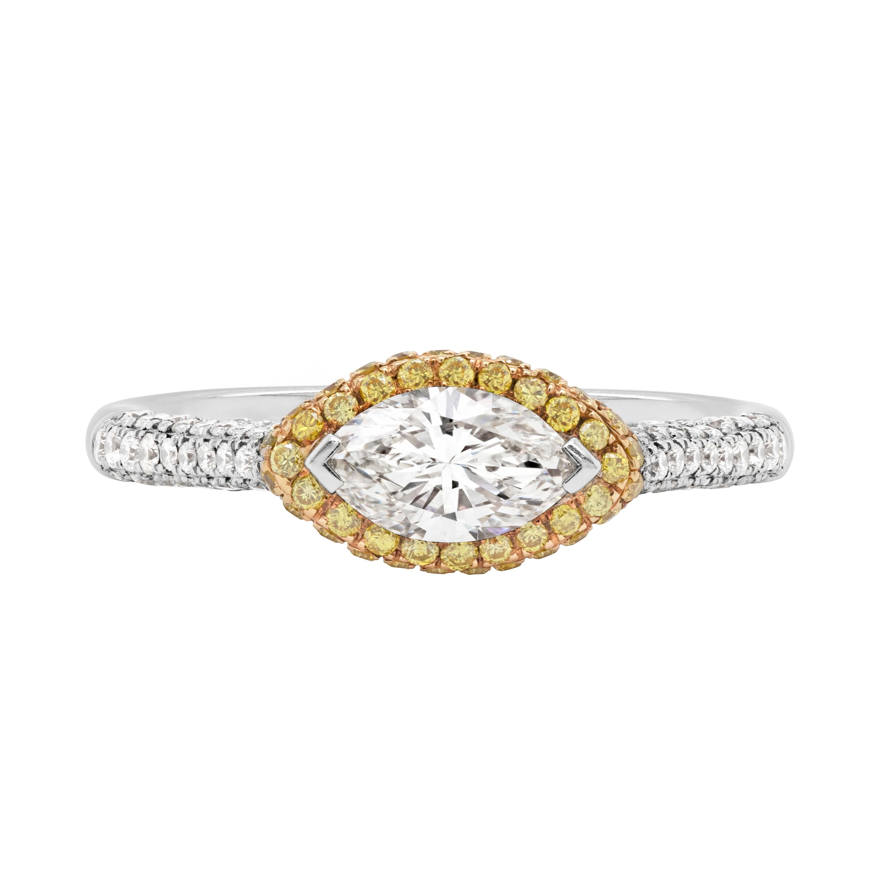0.60 Carat Marquise Diamond Platinum & Rose Gold Halo Engagement Ring For Sale