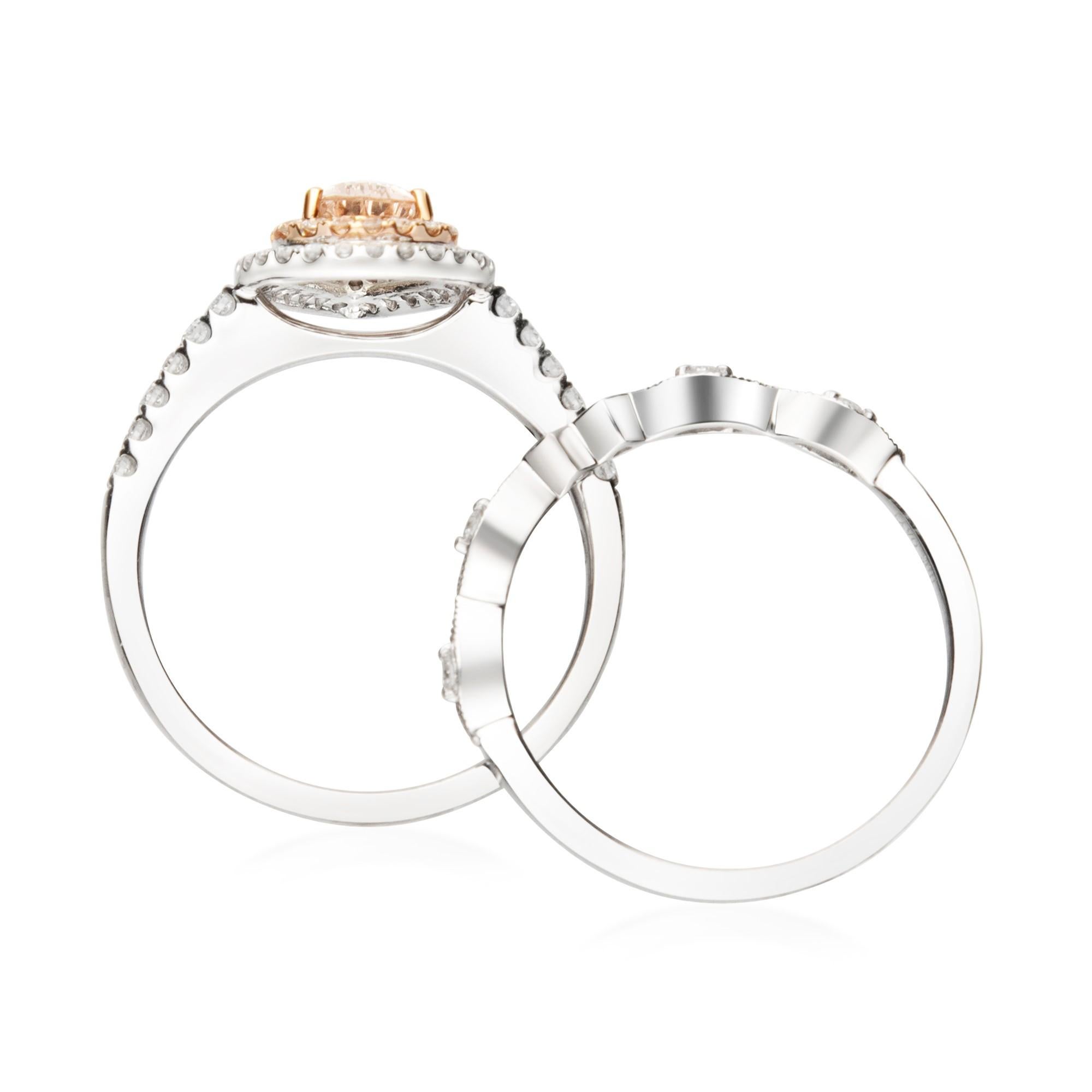 Art Deco 0.60 Carat Morganite Pear Cut Diamond accents 14K Two Tone Gold Bridal Ring For Sale