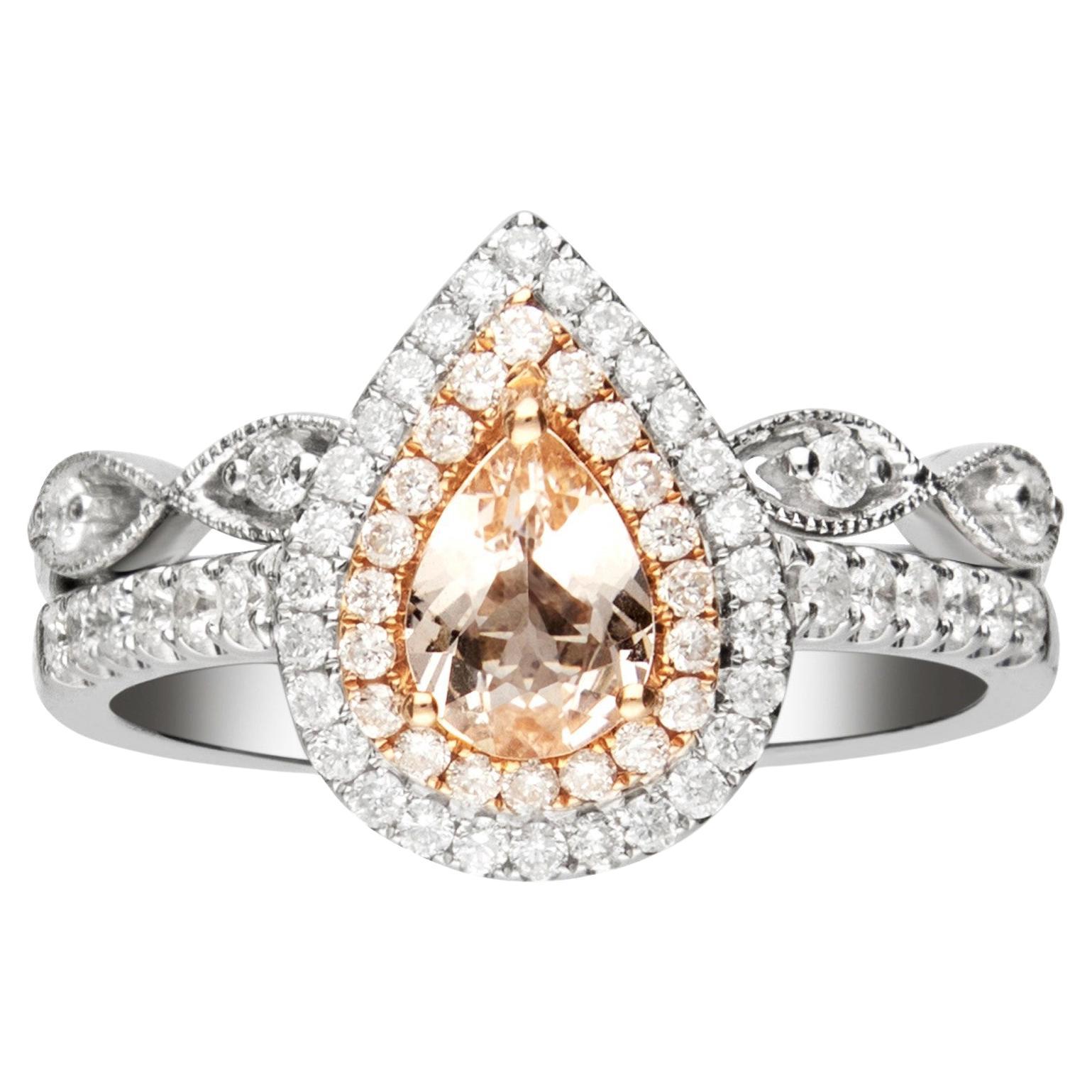 0.60 Carat Morganite Pear Cut Diamond accents 14K Two Tone Gold Bridal Ring