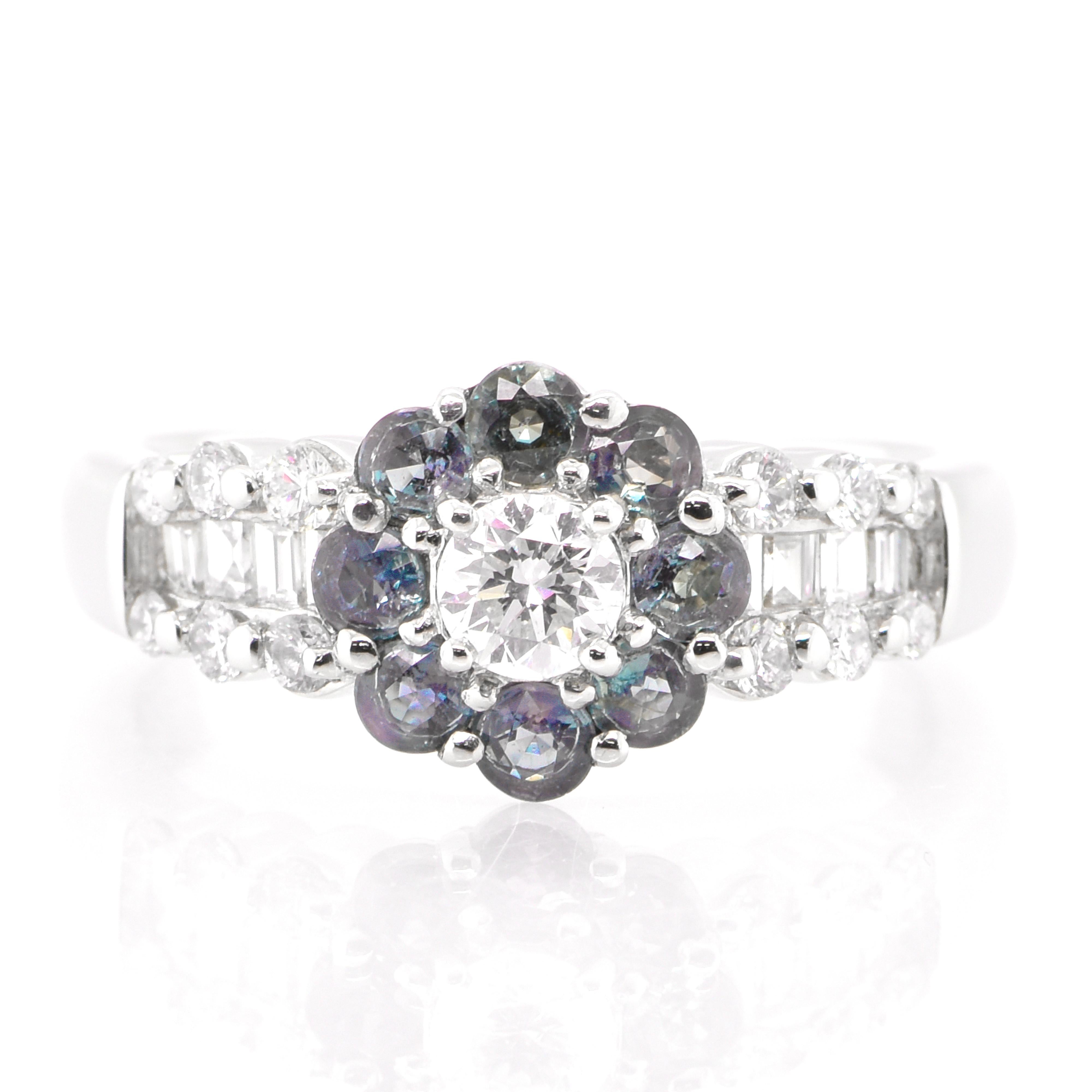 A beautiful ring featuring 0.60 Carats of Natural Alexandrites and 0.69 Carats Diamonds Ring set in Platinum. Diamonds have been adorned and cherished throughout human history and date back to thousands of years. They are rated as 10 on the Mohs