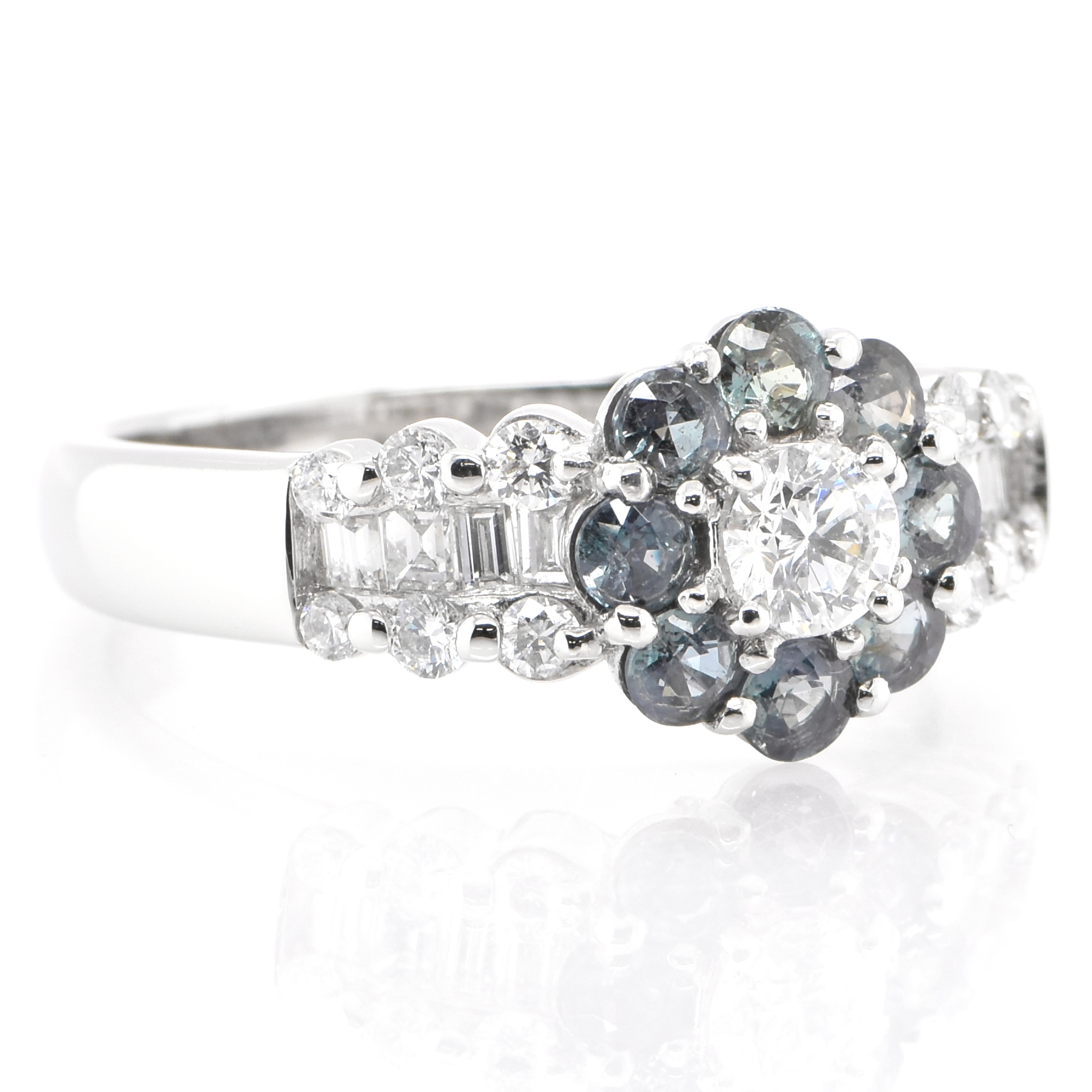 Modern 0.60 Carat Natural Diamond and Color-Change Alexandrite Ring Set in Platinum