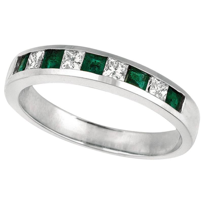 0.60 Carat Natural Diamond and Emerald Ring Band 14 Karat White Gold