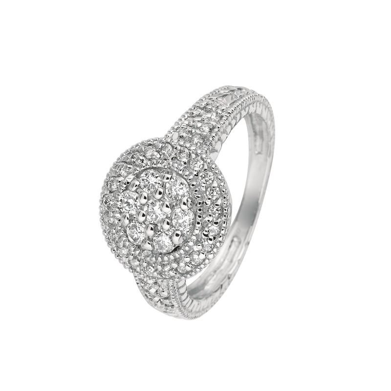 Contemporary 0.60 Carat Natural Diamond Round Ring Pave Band G SI 14 Karat White Gold For Sale