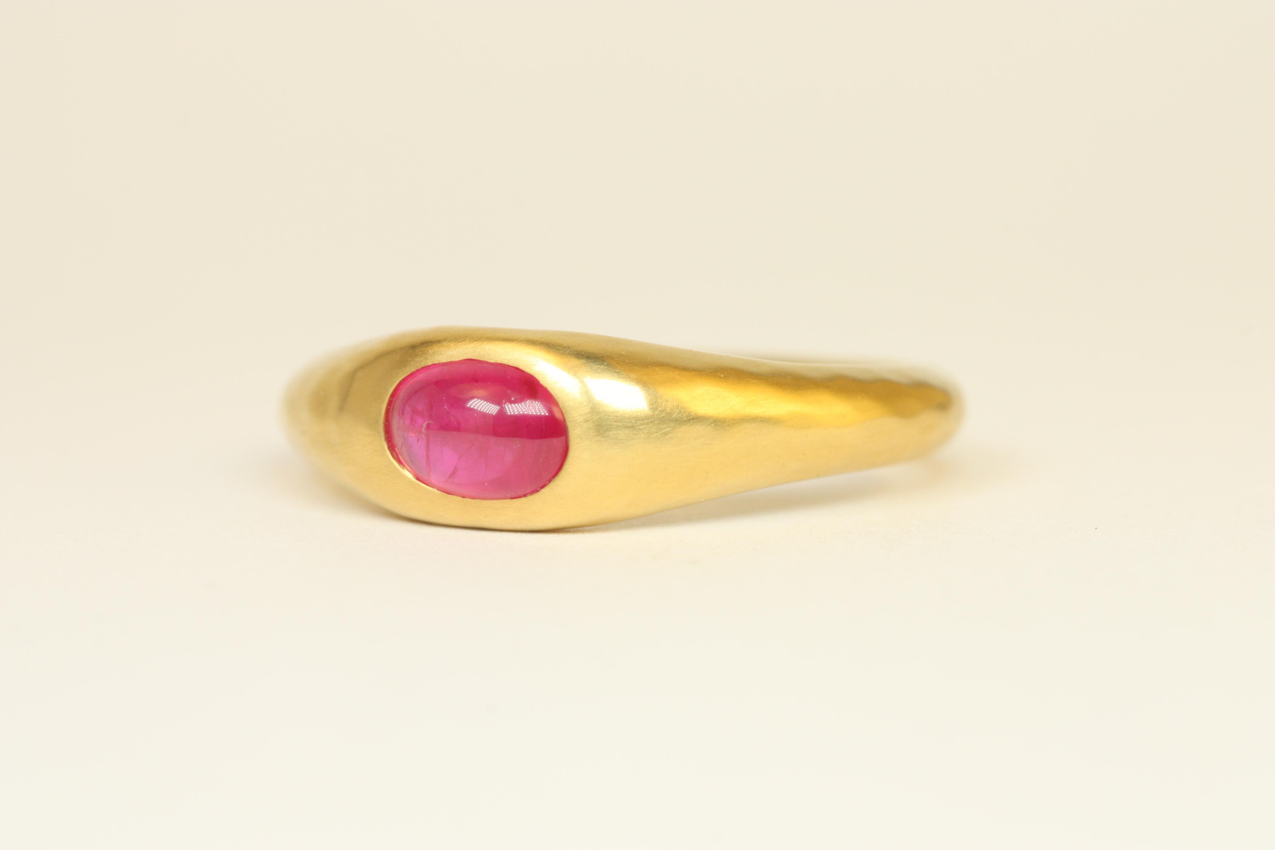 Oval Cut 0.60 Carat Oval Cabochon Cut Ruby 22K Yellow Gold Gypsy Ring Handmade For Sale