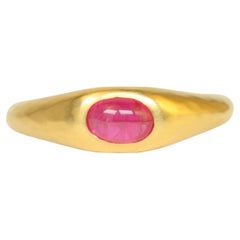 0.60 Carat Oval Cabochon Cut Ruby 22K Yellow Gold Gypsy Ring Handmade