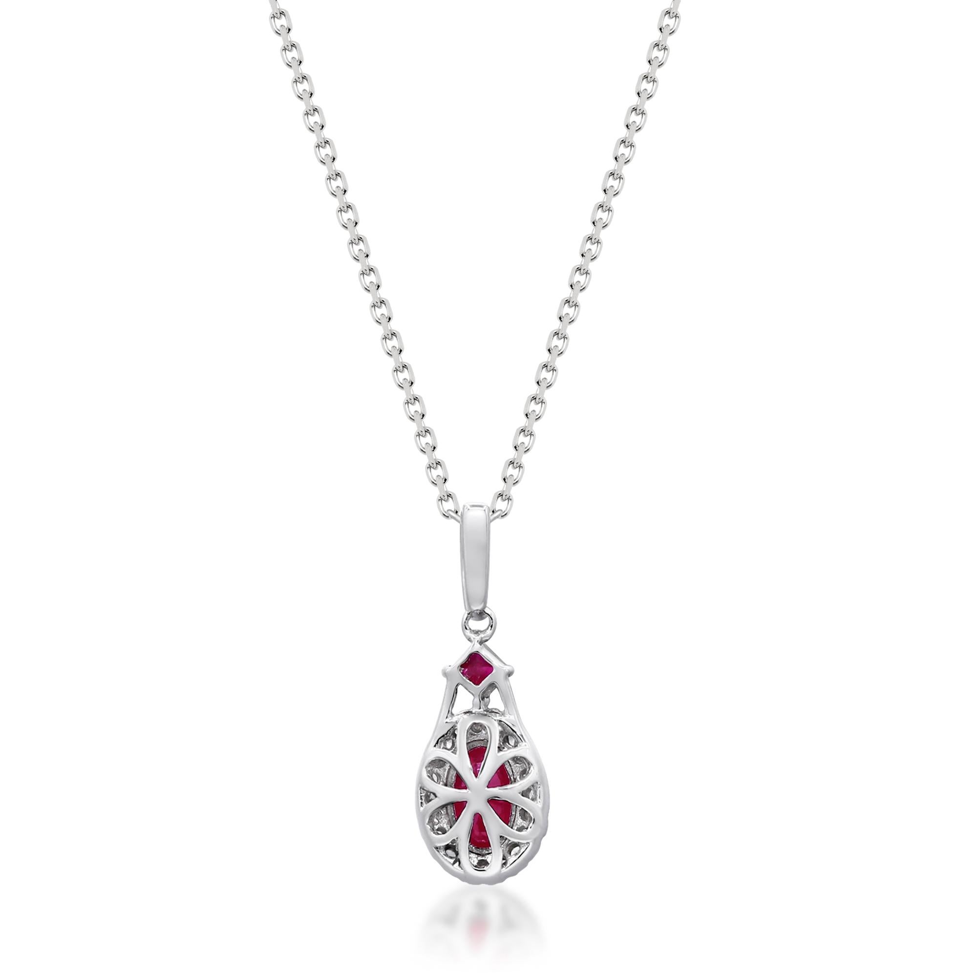 0.55 Carat Oval Cut Ruby Diamond Accents 10K White Gold Pendant In New Condition For Sale In New York, NY